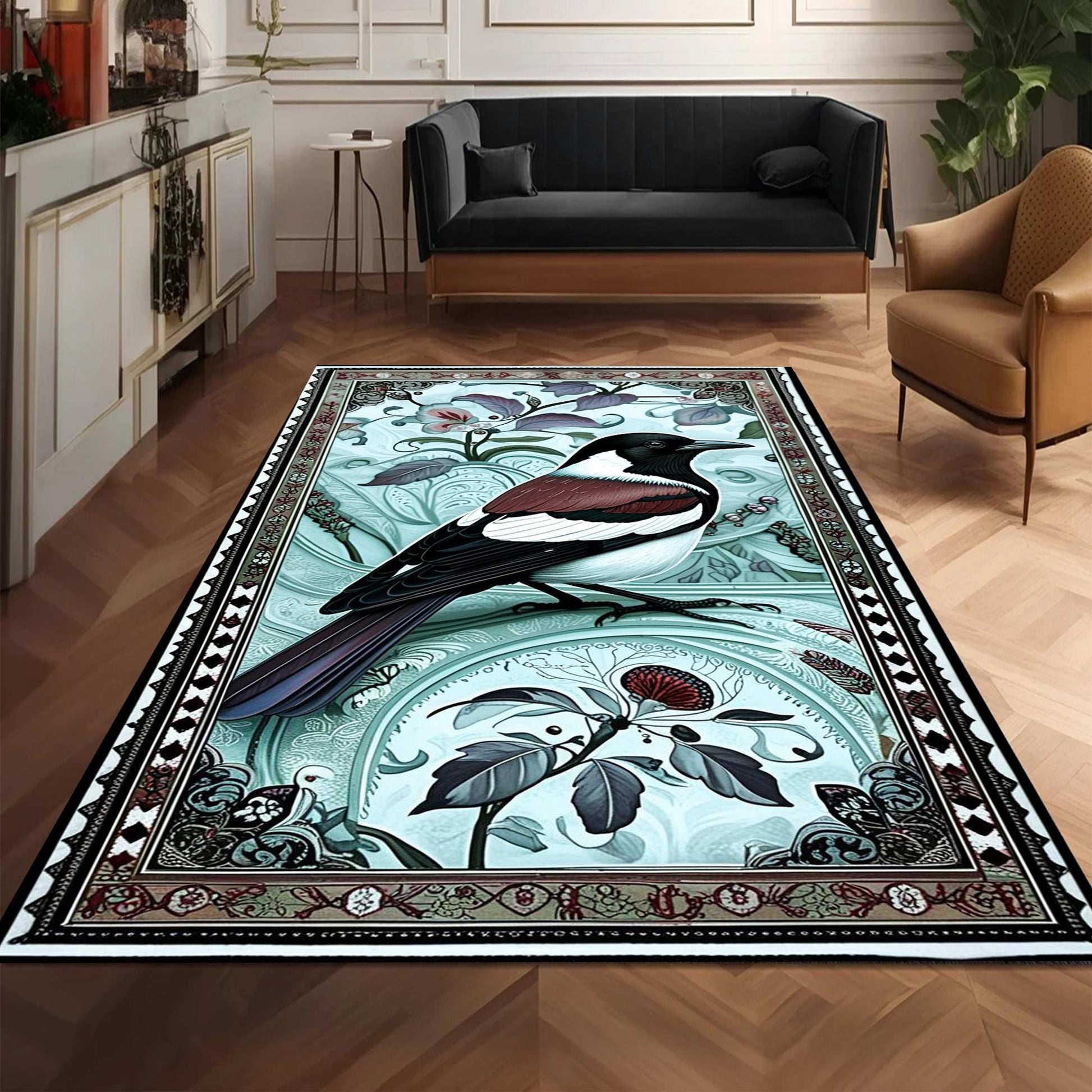 Magpie Rug with Rose Floral Design, Washable Cottagecore Decorative Carpet, Unique Nature & Bird Accent, Chenille Washable Rug
