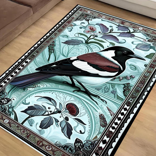 Magpie Rug with Rose Floral Design, Washable Cottagecore Decorative Carpet, Unique Nature & Bird Accent, Chenille Washable Rug
