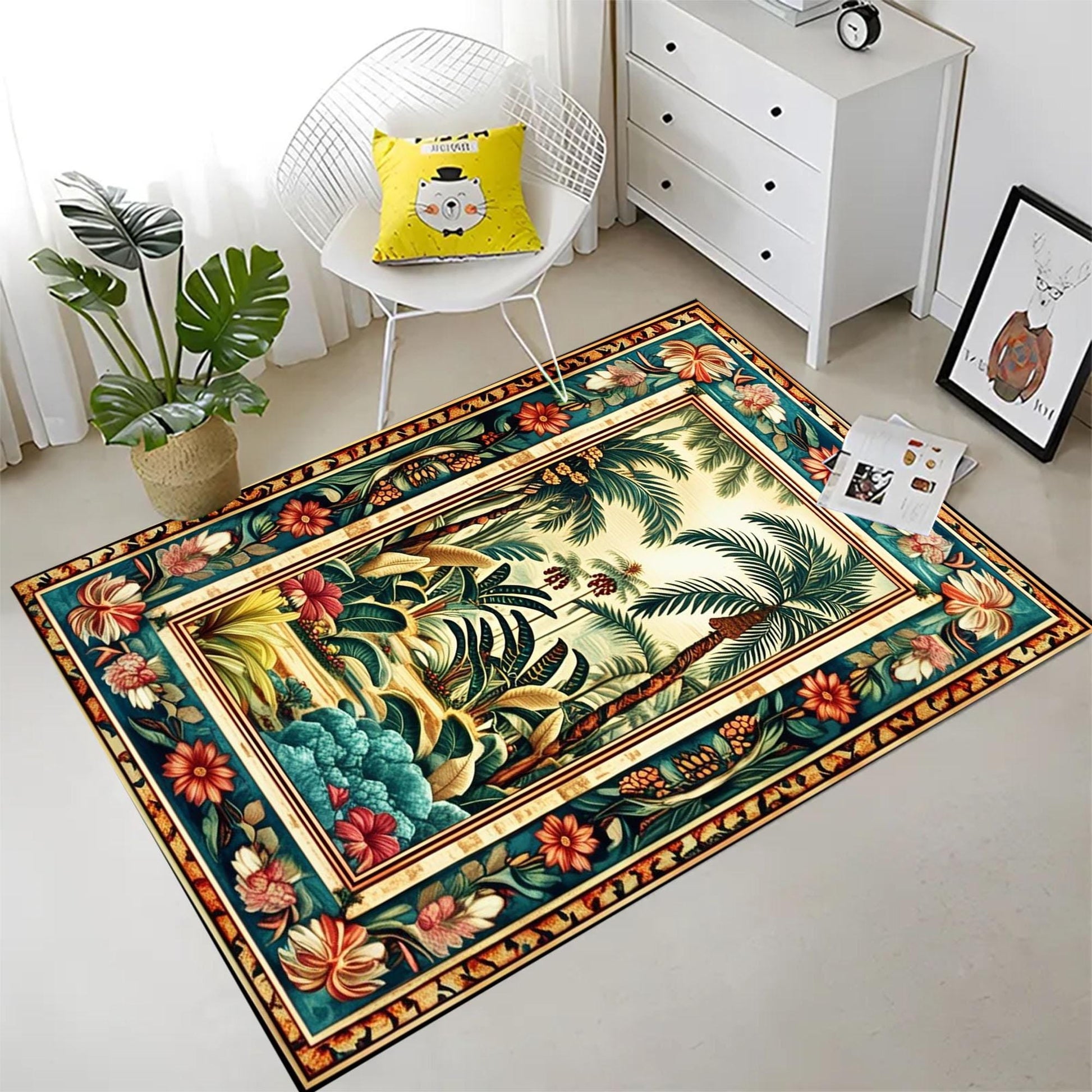 Tropical Area Rug, Forest Palm Trees Jungle Boho Floral Non Slip Carpet, Botanical Floor Decor Living Room Kitchen, Chenille Washable Rug