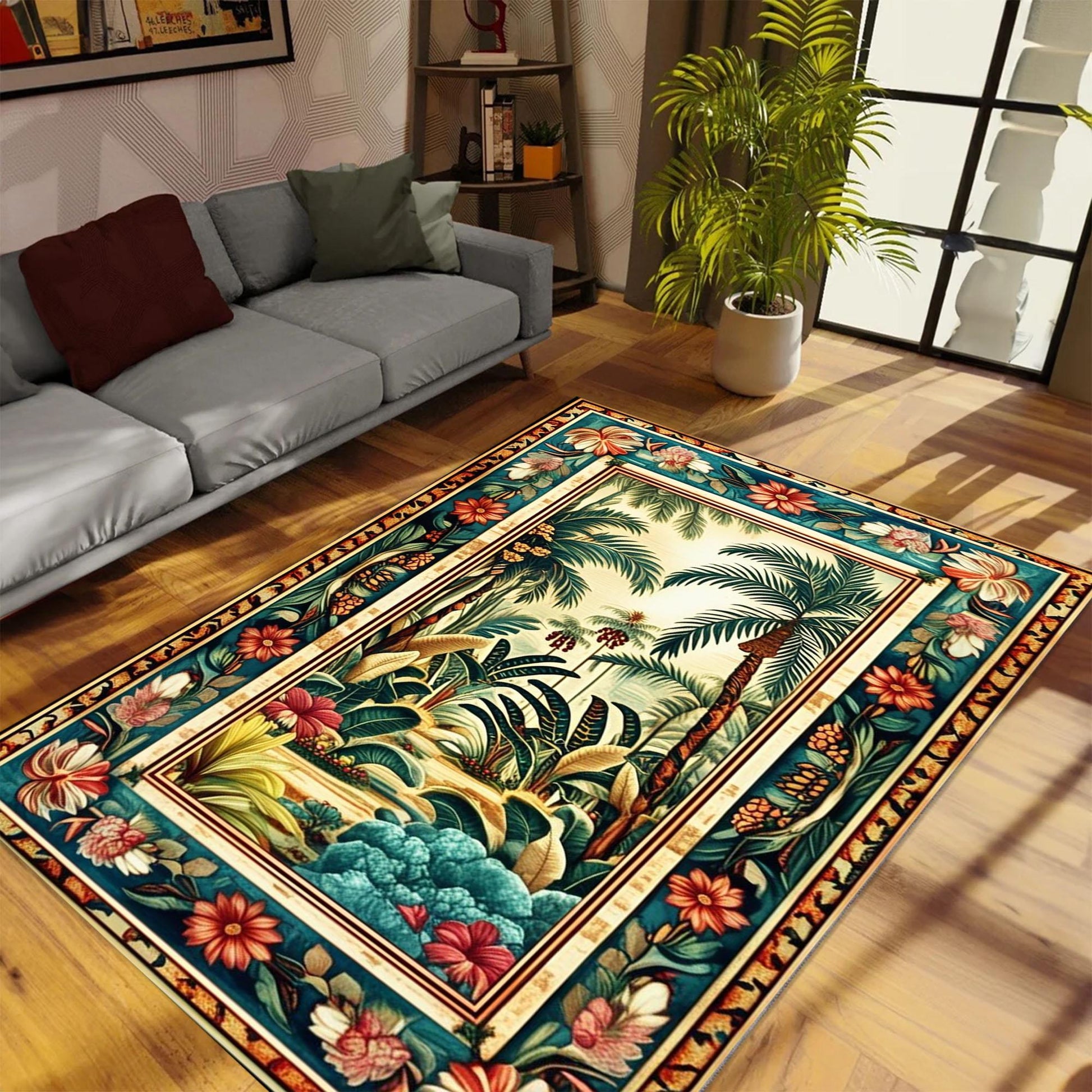 Tropical Area Rug, Forest Palm Trees Jungle Boho Floral Non Slip Carpet, Botanical Floor Decor Living Room Kitchen, Chenille Washable Rug
