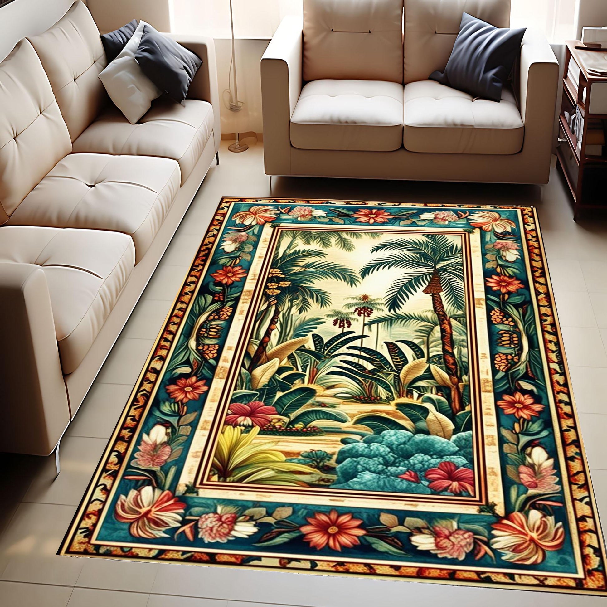 Tropical Area Rug, Forest Palm Trees Jungle Boho Floral Non Slip Carpet, Botanical Floor Decor Living Room Kitchen, Chenille Washable Rug