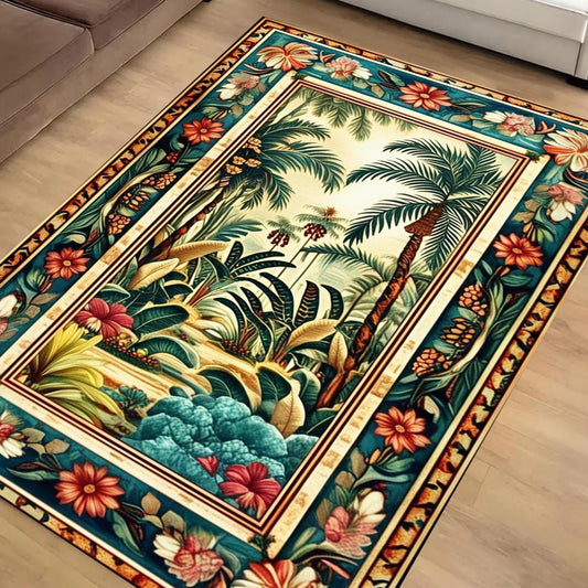 Tropical Area Rug, Forest Palm Trees Jungle Boho Floral Non Slip Carpet, Botanical Floor Decor Living Room Kitchen, Chenille Washable Rug