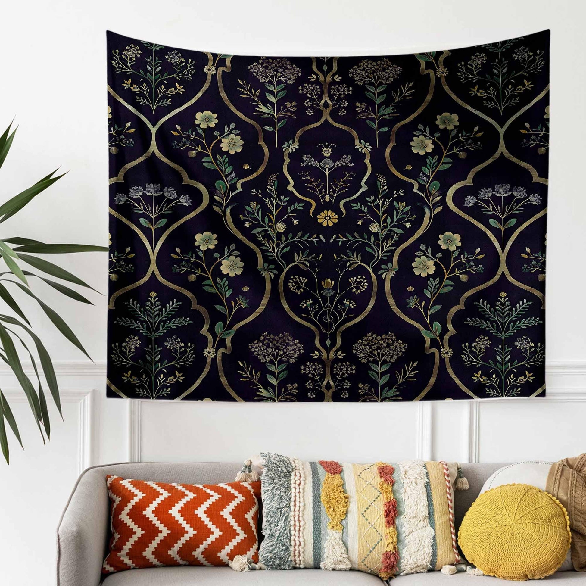 Floral French Wall Tapestry Dark botanical Verdure Eclectic textile Wall Decor Medieval Tapestry dark academia decor Flower tapestry vintage