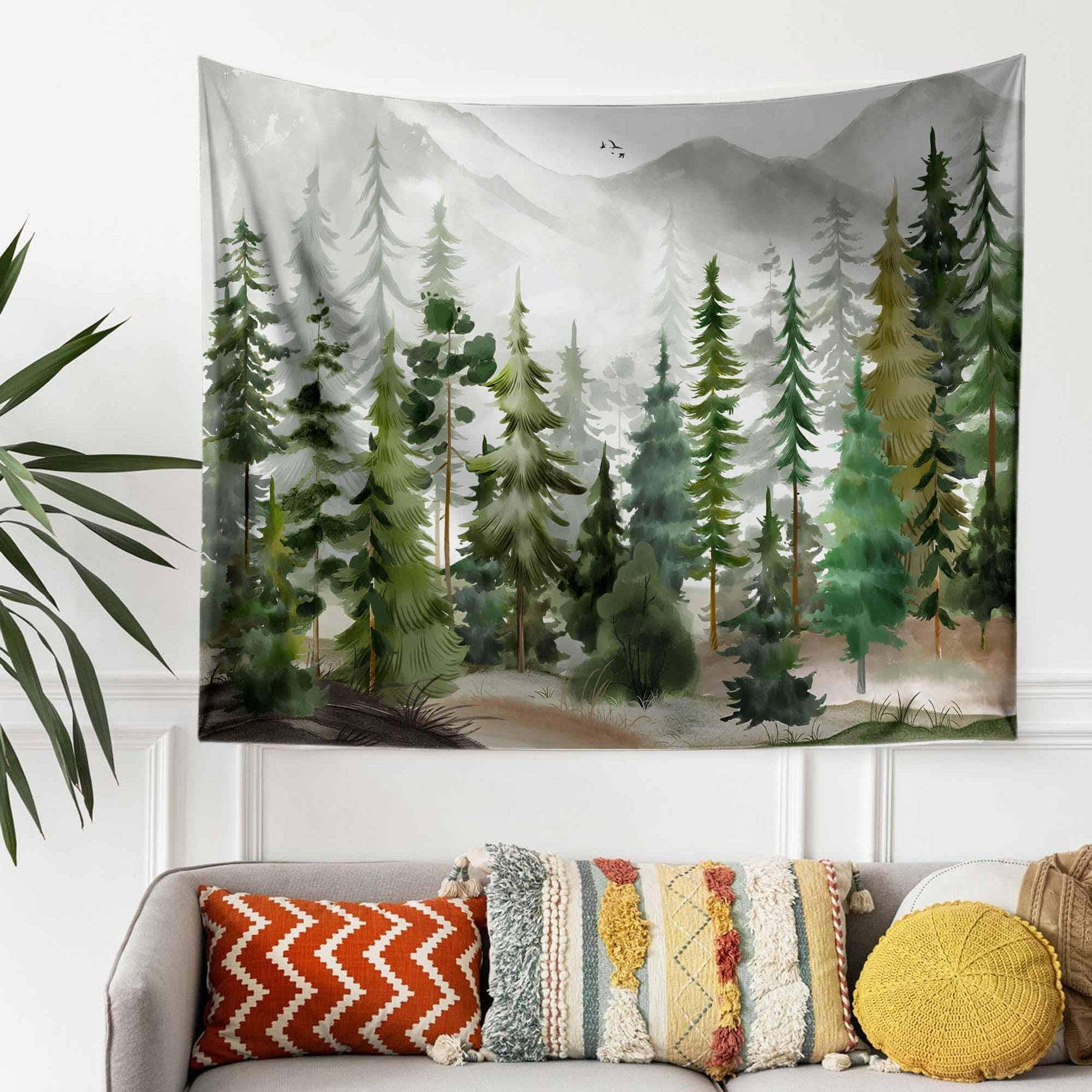 Watercolor Green Forest Tapestry Boho Wall Hanging Nature Scenery Foggy Mountain Home Decor for Living Room