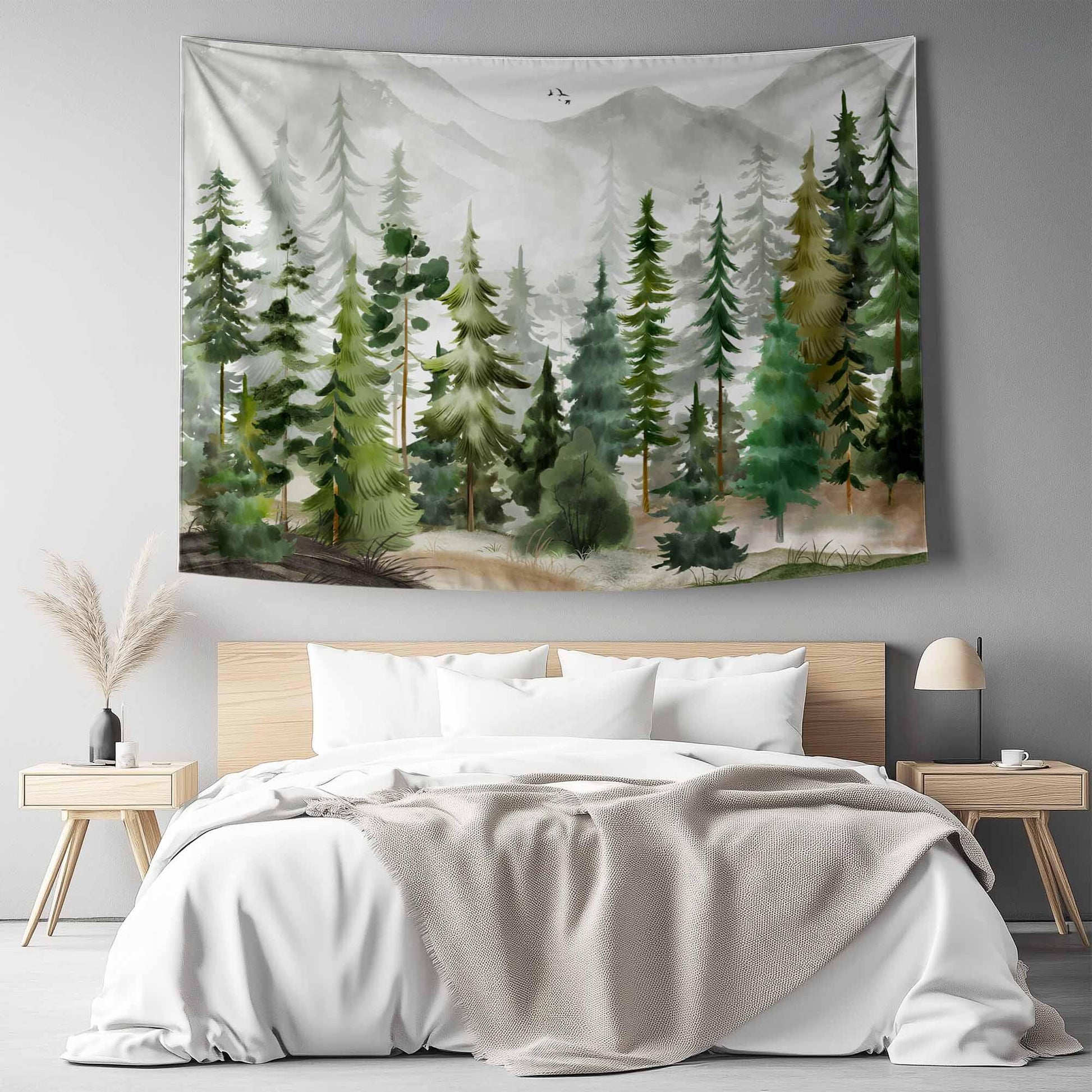 Watercolor Green Forest Tapestry Boho Wall Hanging Nature Scenery Foggy Mountain Home Decor for Living Room