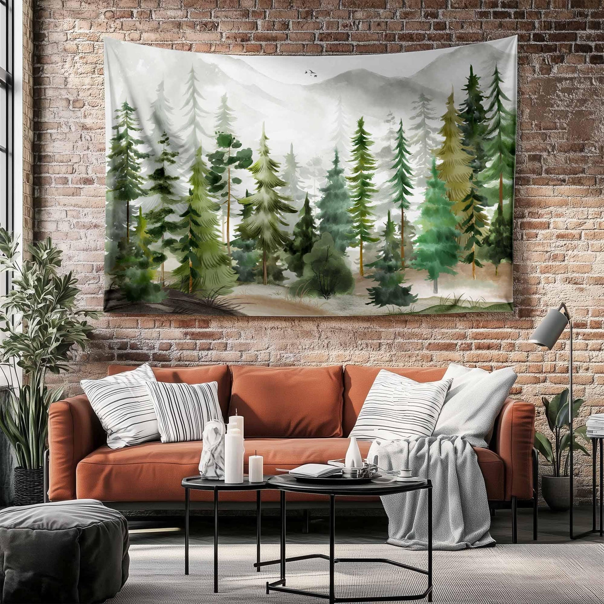 Watercolor Green Forest Tapestry Boho Wall Hanging Nature Scenery Foggy Mountain Home Decor for Living Room