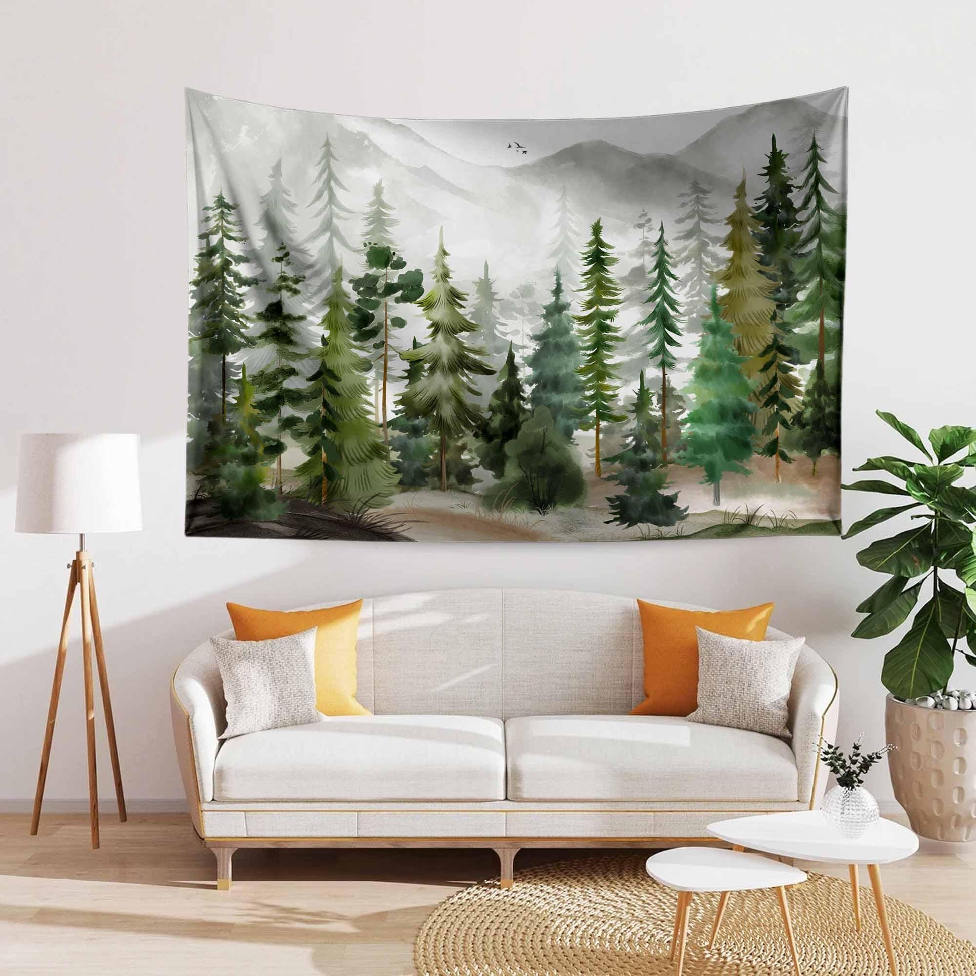 Watercolor Green Forest Tapestry Boho Wall Hanging Nature Scenery Foggy Mountain Home Decor for Living Room
