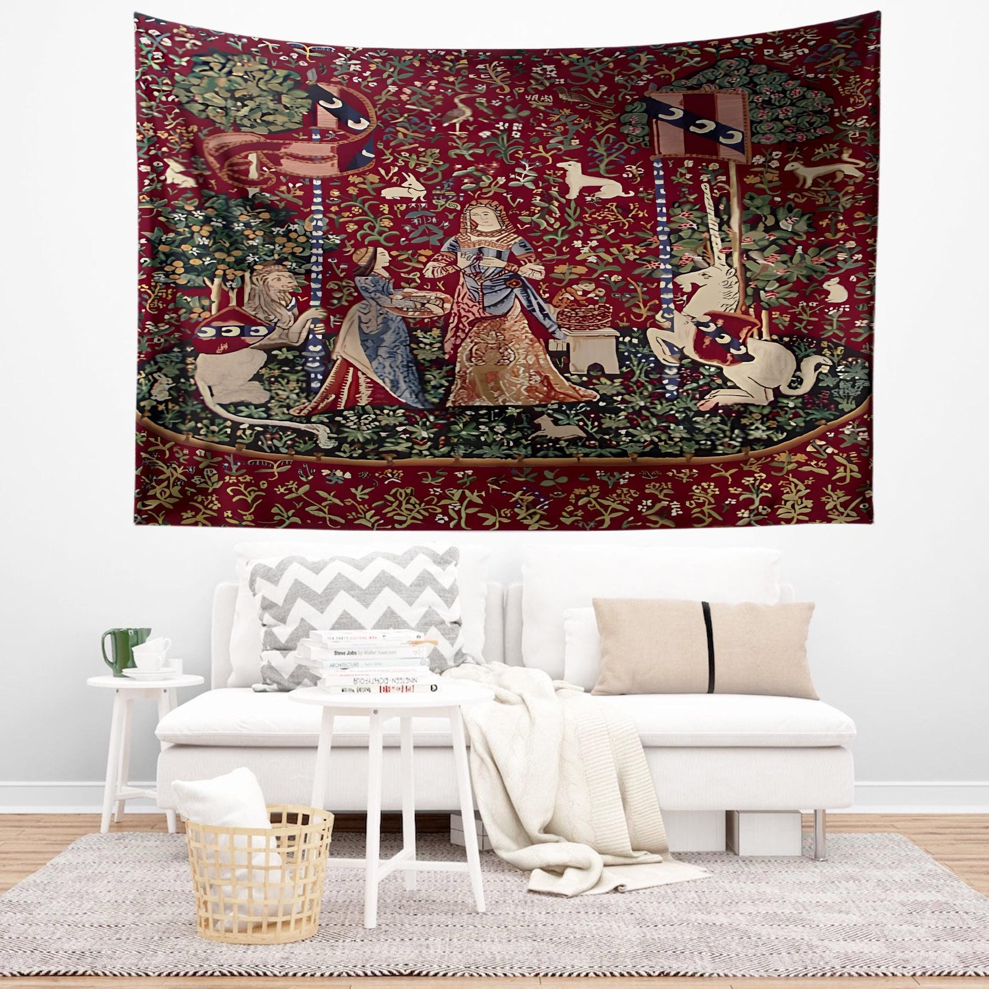 Lady and the Unicorn Smell Belgian Wall Tapestry, Medieval Art Decor, Vintage Fairy Tale Home Hanging, Unique Gift for History Lovers