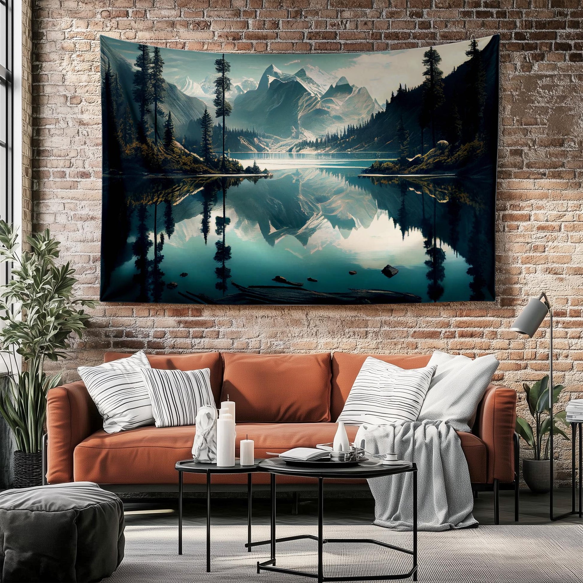 Blue Lake Mountain Wall Tapestry, Forest Trees Landscape Decor, Nature Scenery Hanging Art for Bedroom & Living Room