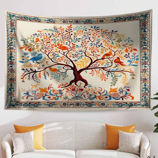 Colorful Tree of Life Tapestry Wall Hanging with Floral & Birds Design, Boho Home Decor, Nature-Inspired Art, Bedroom Living Room Accent