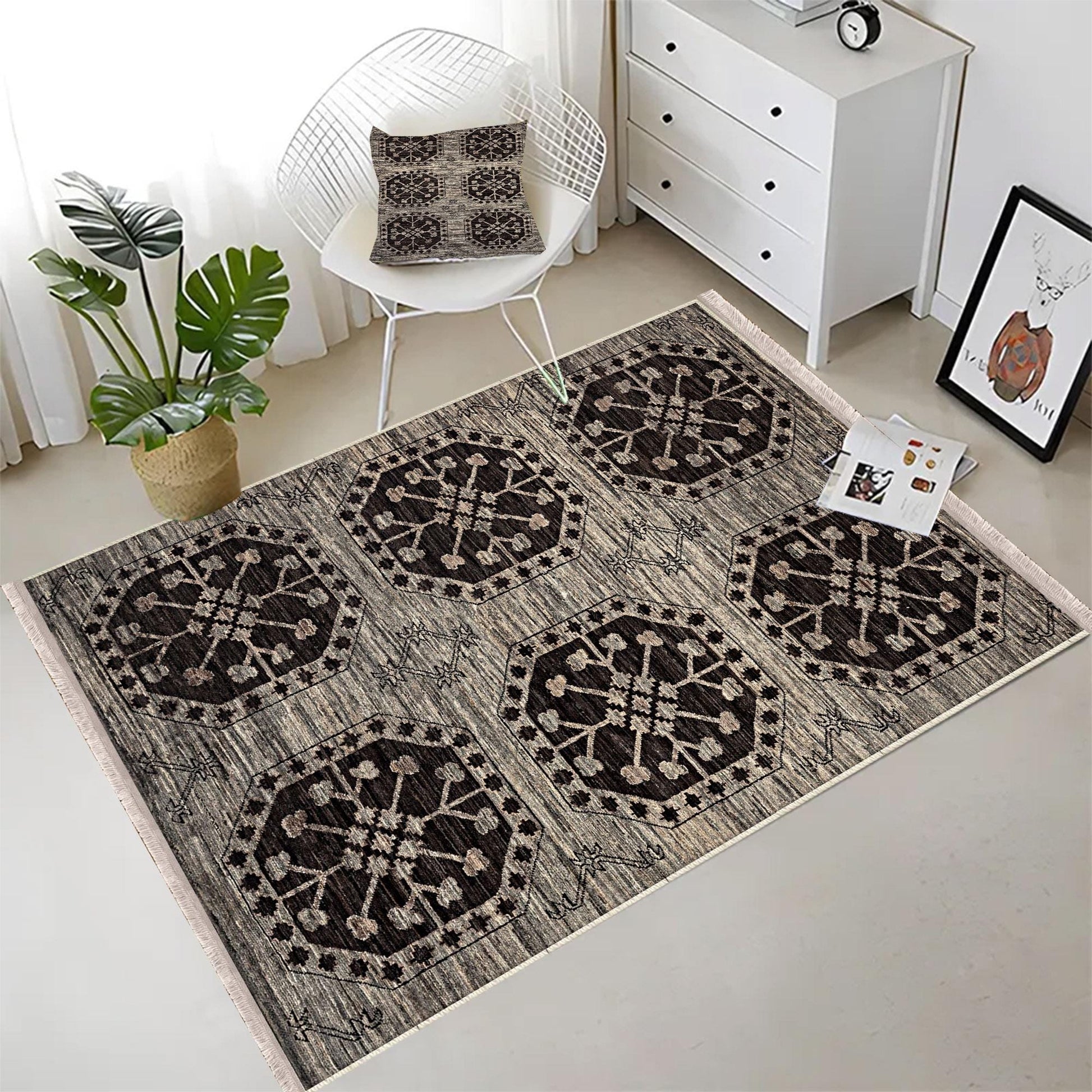 Authentic Ethnic Retro Persian Anatolian Turkish Kilim Area Rug, Washable Non Slip Living Room Rugs with pillow case gift, Brown Retro Rug