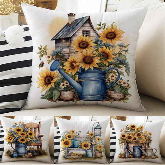 Sunflowers Farmhouse Theme Both Side Printed Pillow Cases, Cozy Cottagecore Accent Pillow, Floral Spun Pillow Cushion, Housewarming Gift