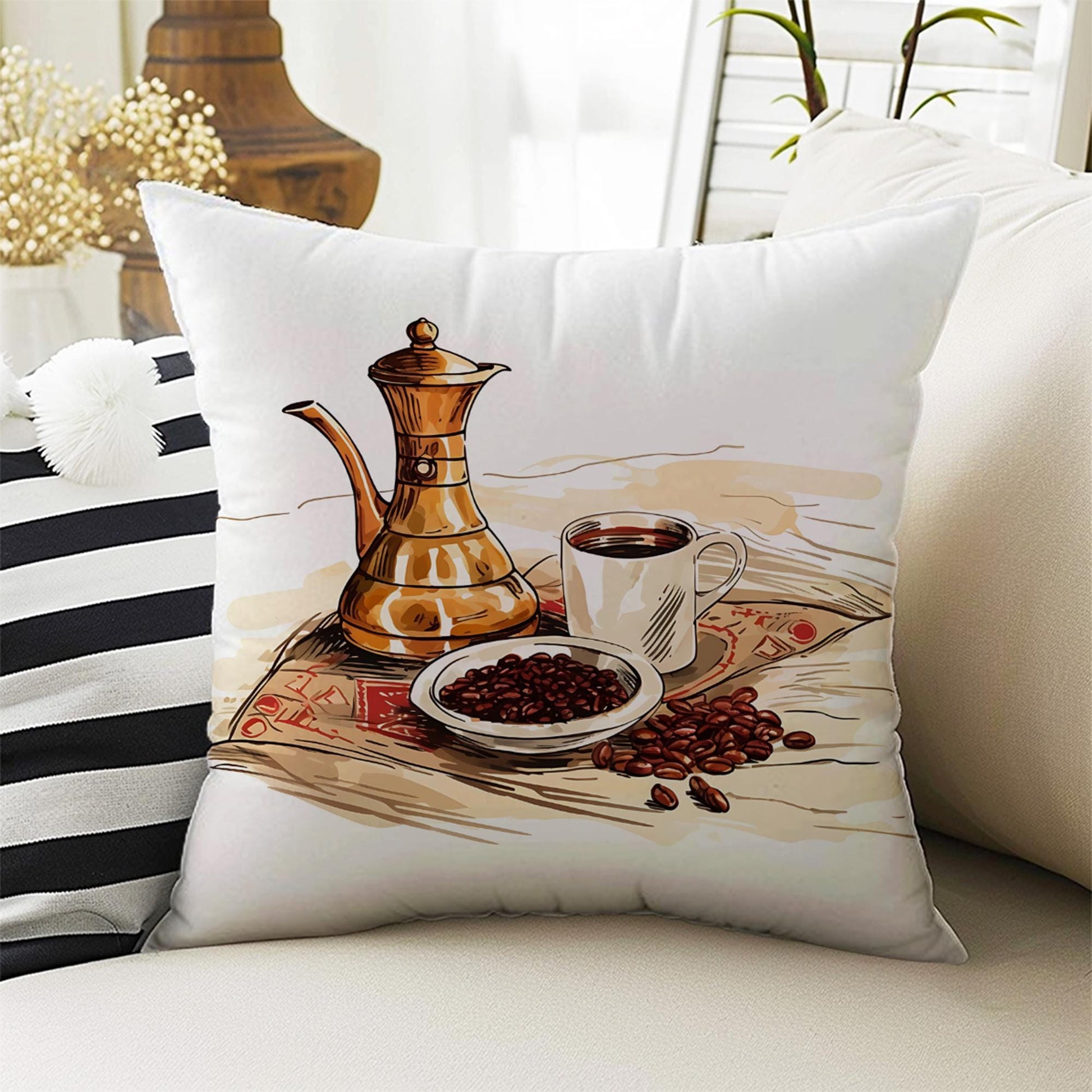 Vintage Retro Coffee Theme Both Side Printed Pillow Cases, Cozy Cottagecore Accent Pillow, Coffee Spun Pillow Cushion, Housewarming Gift