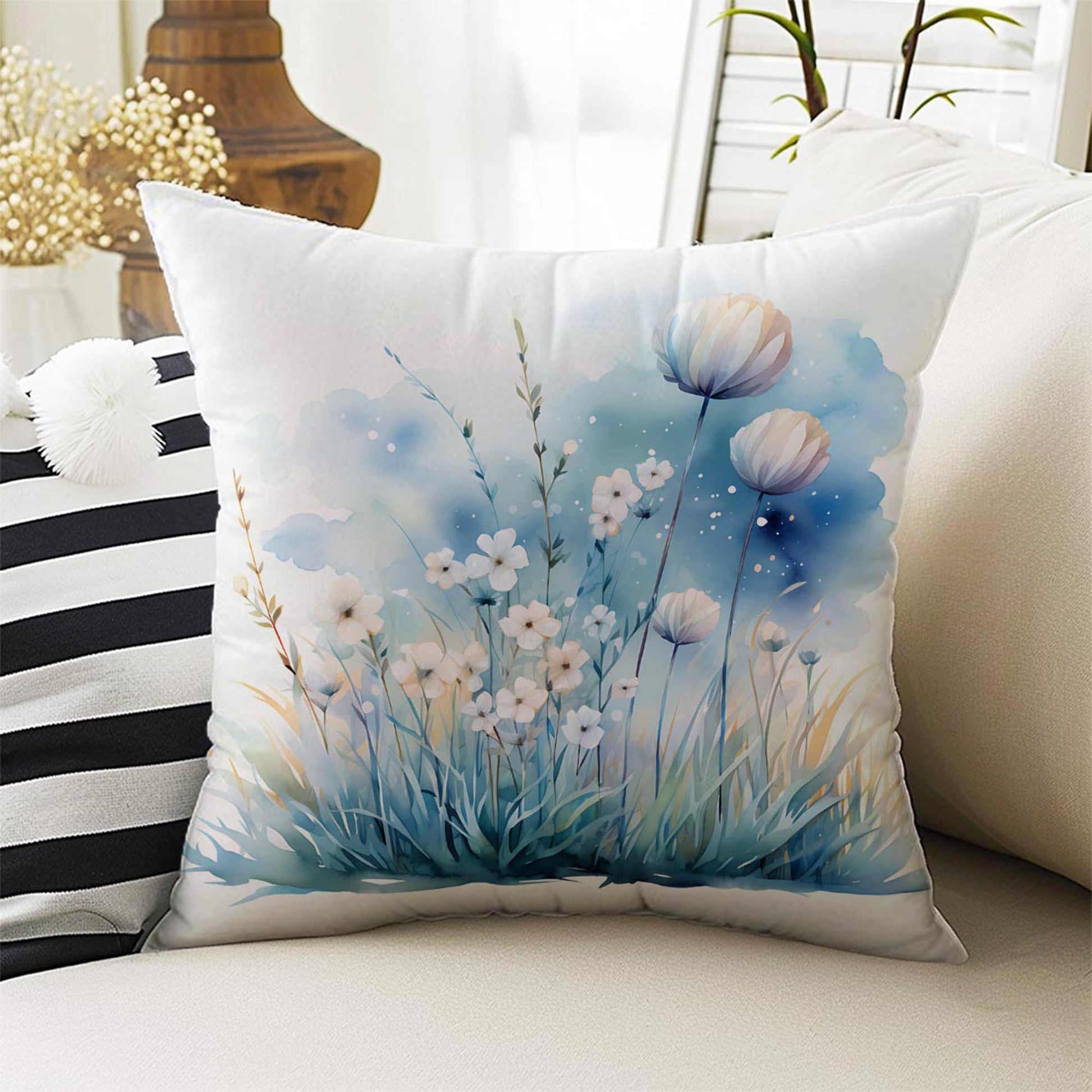 Blue White Flowers Theme Both Side Printed Pillow Cases, Cozy Cottagecore Accent Pillow, Floral Spun Pillow Cushion, Housewarming Gift
