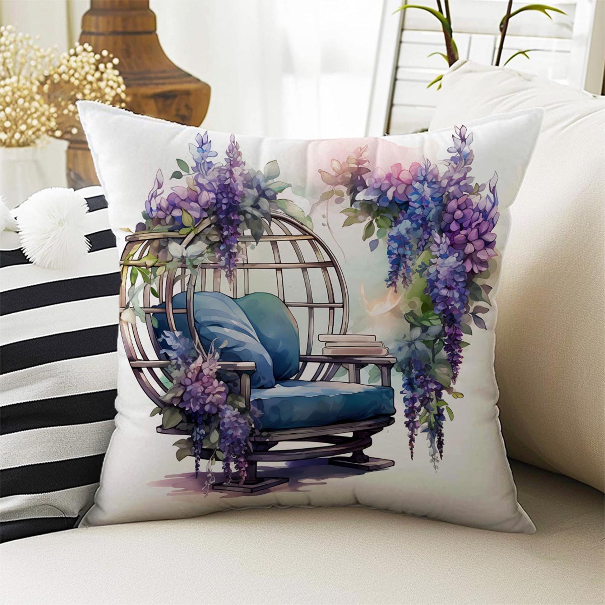 Purple Flowers Farmhouse Pillow Cases, Both Sides Printed Cozy Cottagecore Accent Cushion Cover, Floral Spun Pillow, Housewarming Gift