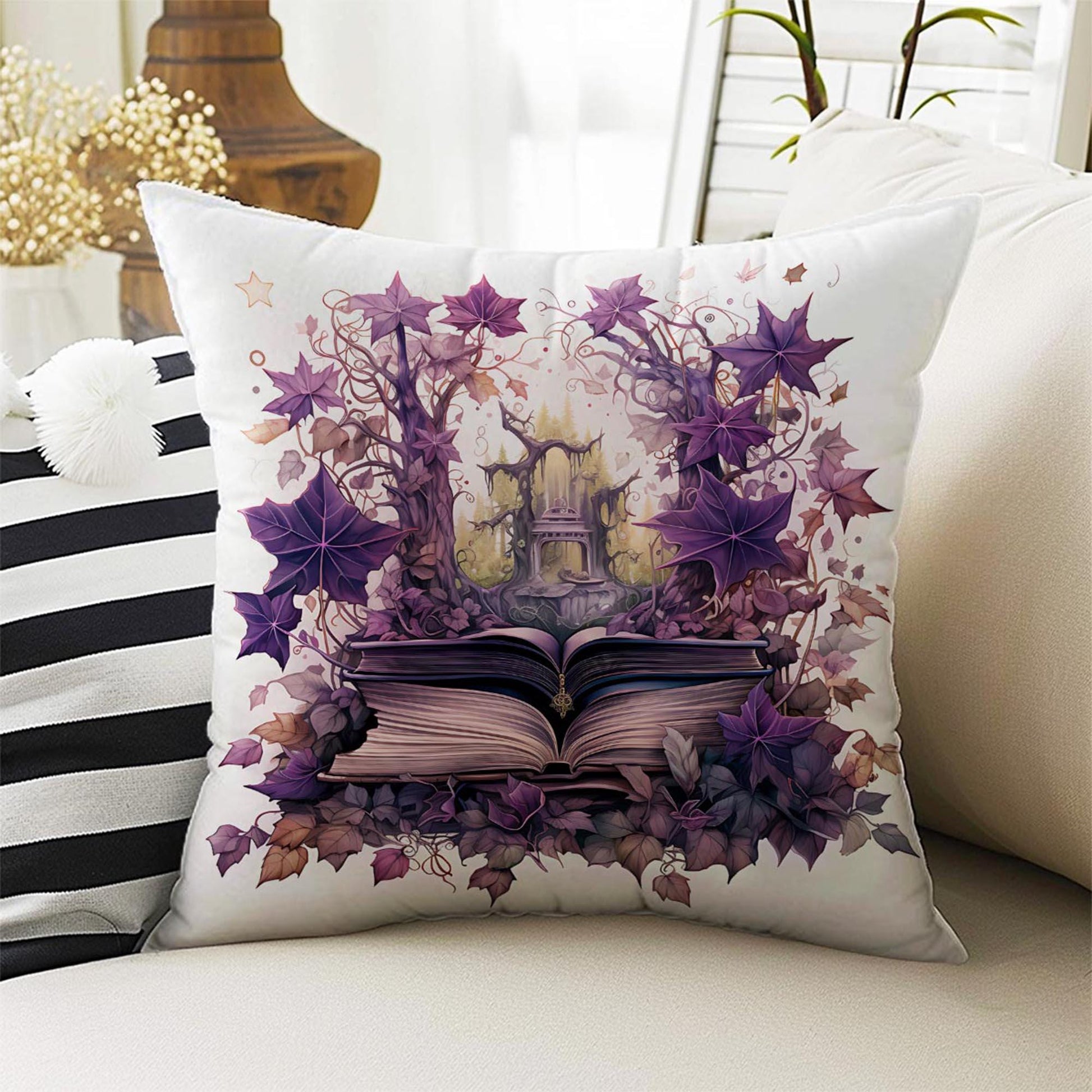 Purple Flowers Farmhouse Pillow Cases, Both Sides Printed Cozy Cottagecore Accent Cushion Cover, Floral Spun Pillow, Housewarming Gift