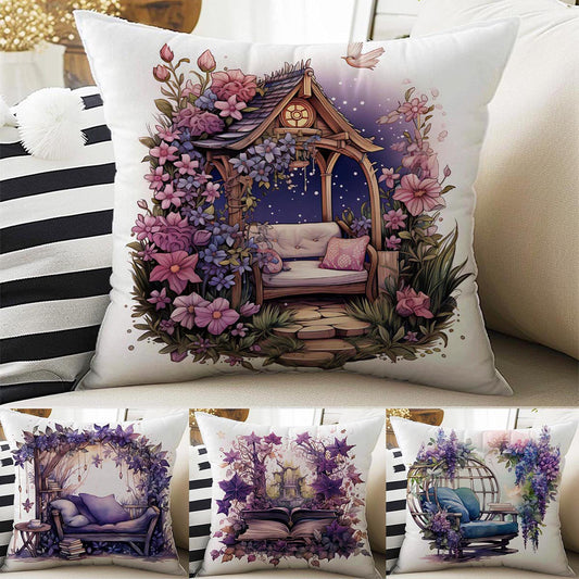 Purple Flowers Farmhouse Pillow Cases, Both Sides Printed Cozy Cottagecore Accent Cushion Cover, Floral Spun Pillow, Housewarming Gift