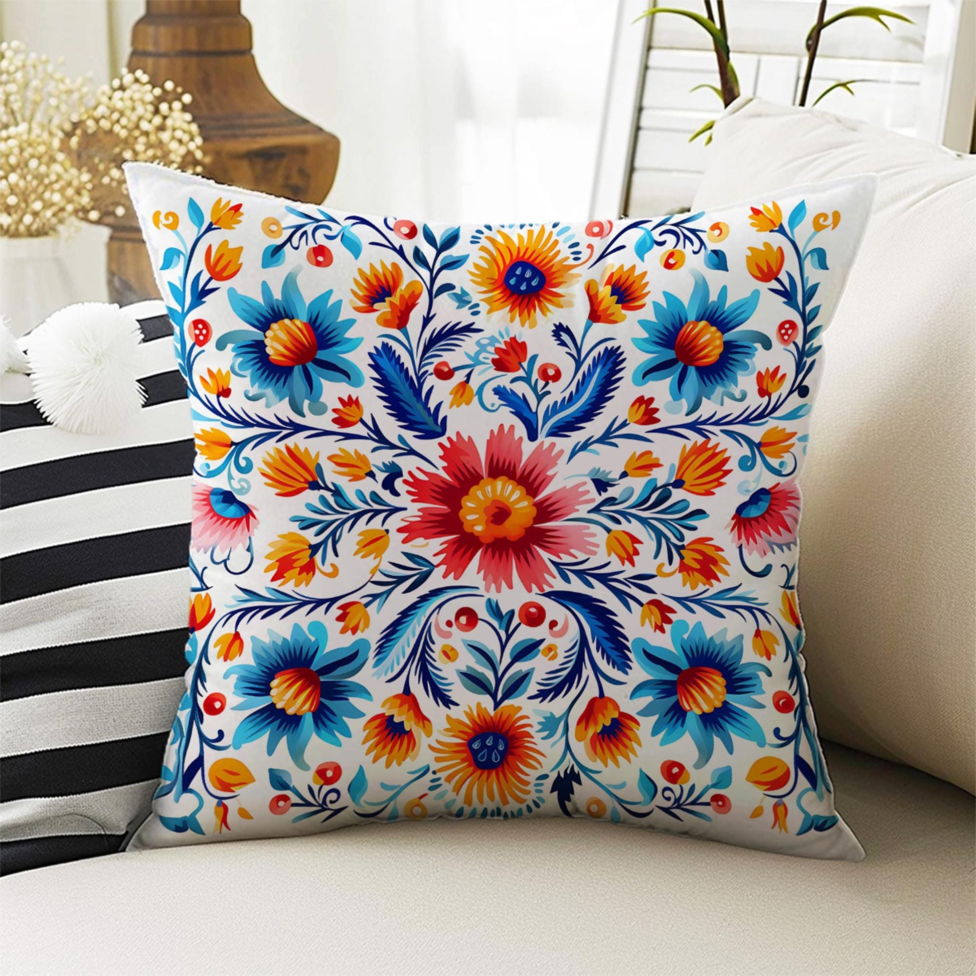 Colorful Turkish Retro Flowers Both Side Printed Pillow Cases, Cozy Cottagecore Accent Pillow, Floral Spun Pillow Cushion, Housewarming Gift