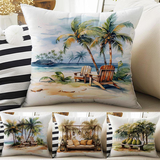 Tropical Summer Beach Theme Both Side Printed Pillow Cases, Cozy Cottagecore Accent Pillow, Tropic Spun Pillow Cushion, Housewarming Gift