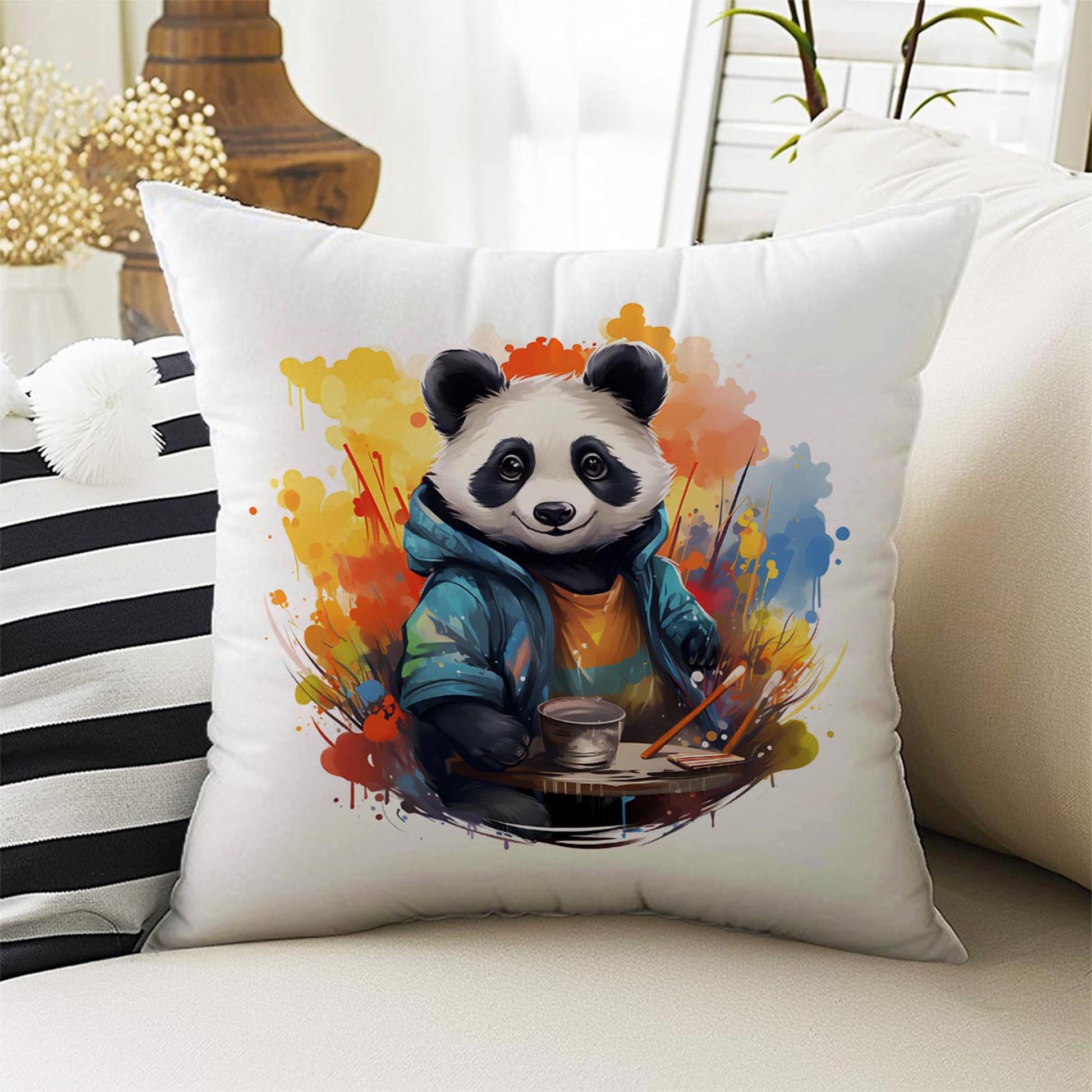 Colorful Panda Bear Theme Both Side Printed Pillow Cases, Cozy Cottagecore Accent Pillow, Animal Spun Pillow Cushion, Housewarming Gift