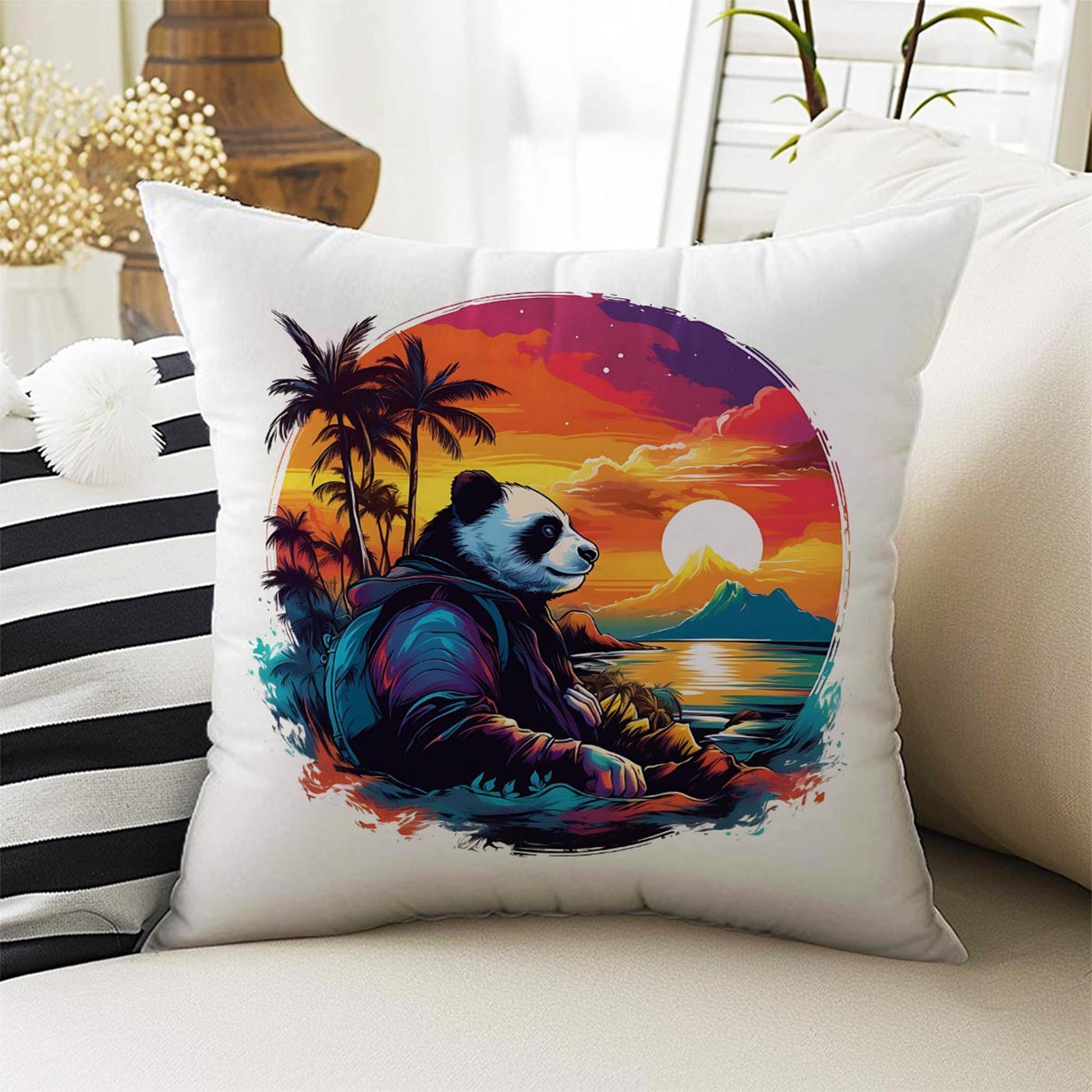 Colorful Panda Bear Theme Both Side Printed Pillow Cases, Cozy Cottagecore Accent Pillow, Animal Spun Pillow Cushion, Housewarming Gift