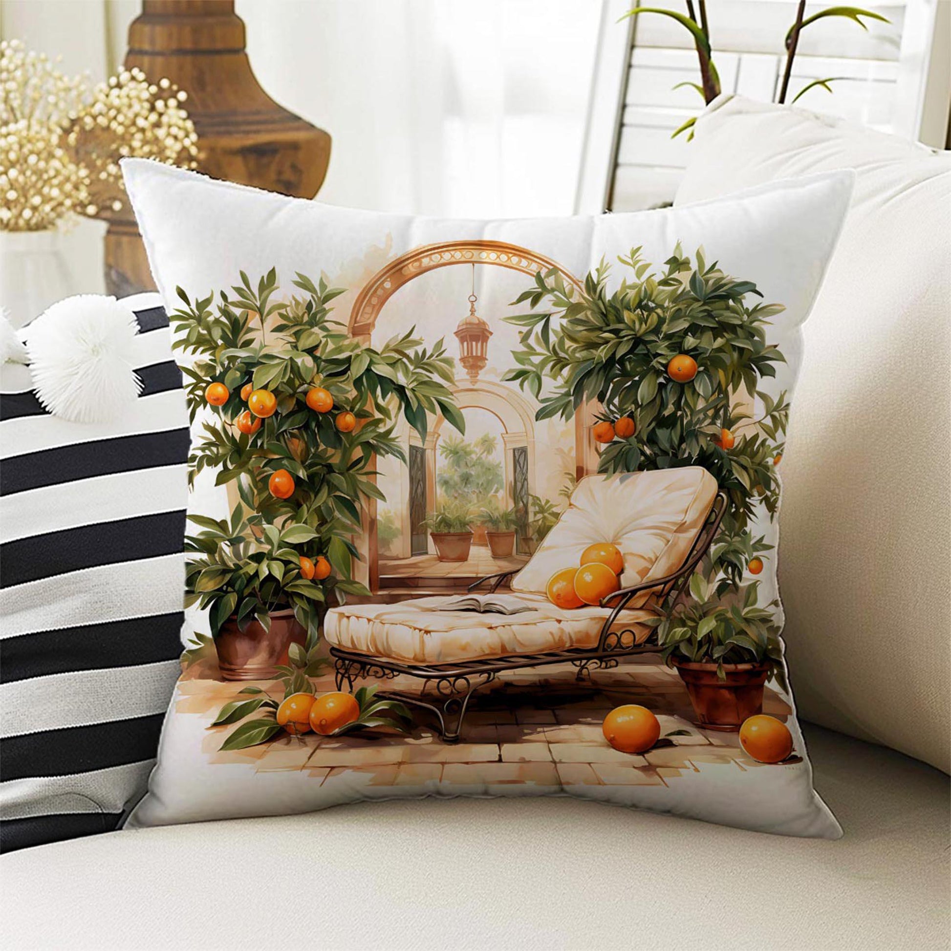 Orange Farmhouse Garden Both Side Printed Pillow Cases, Cozy Cottagecore Accent Pillow, Fruits Garden Spun Pillow Cushion, Housewarming Gift