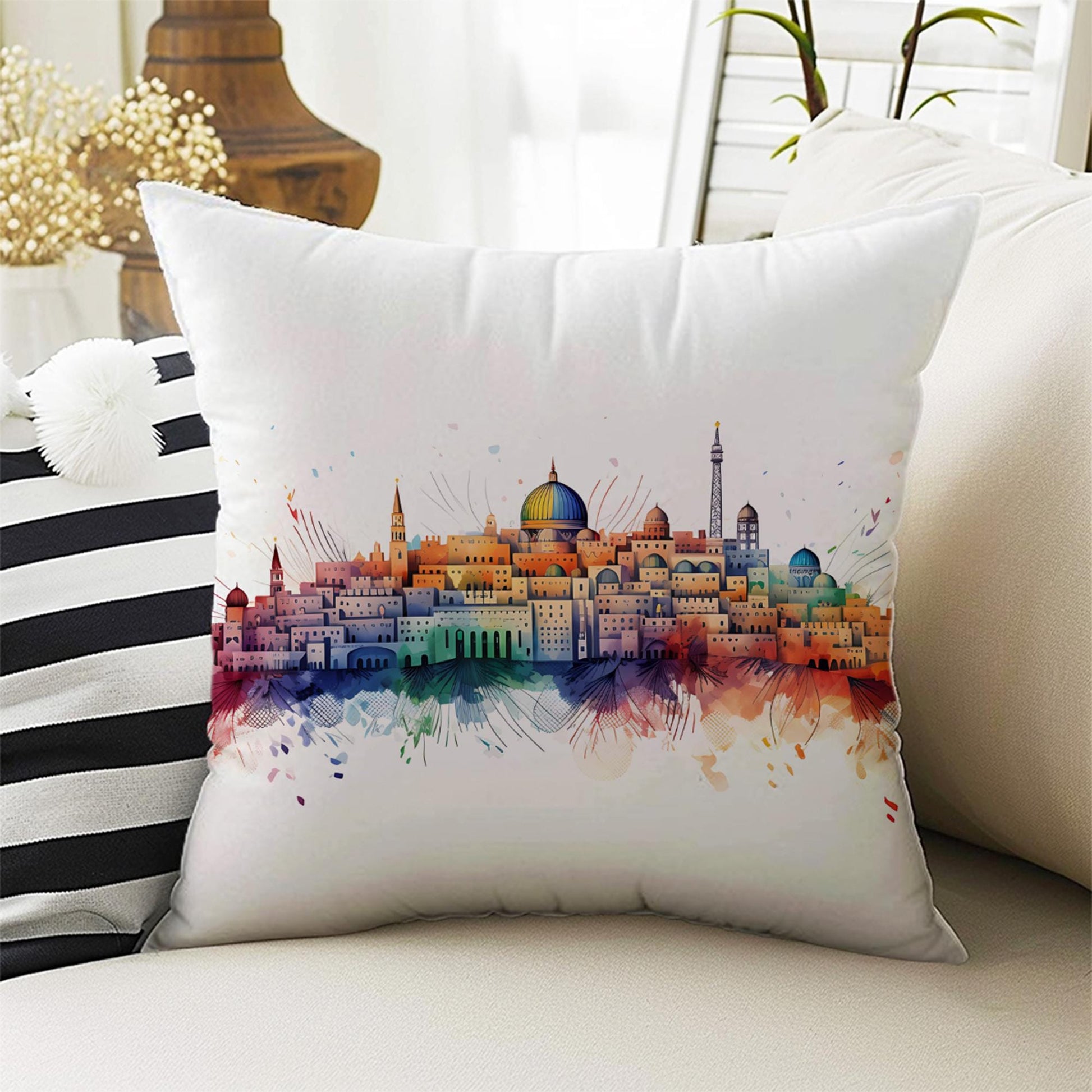Colorful Retro Houses Both Side Printed Pillow Cases, Cozy Cottagecore Accent Pillow, Vintage City Spun Pillow Cushion, Housewarming Gift