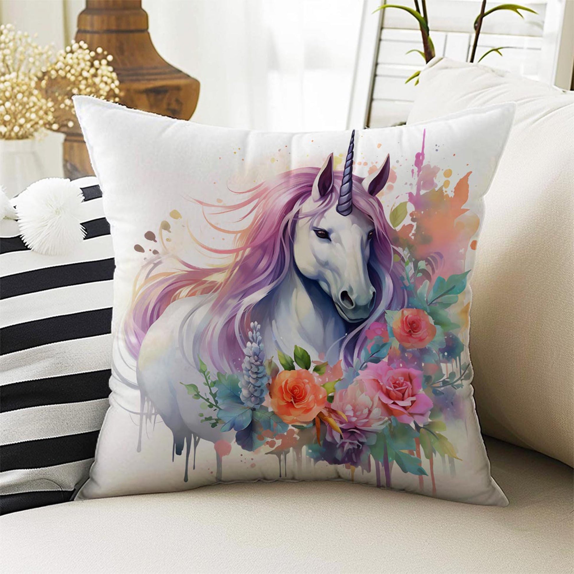 Roses Flowers Unicorn Horse Both Side Printed Pillow Cases, Cozy Cottagecore Accent Pillow, Unicorn Spun Pillow Cushion, Housewarming Gift