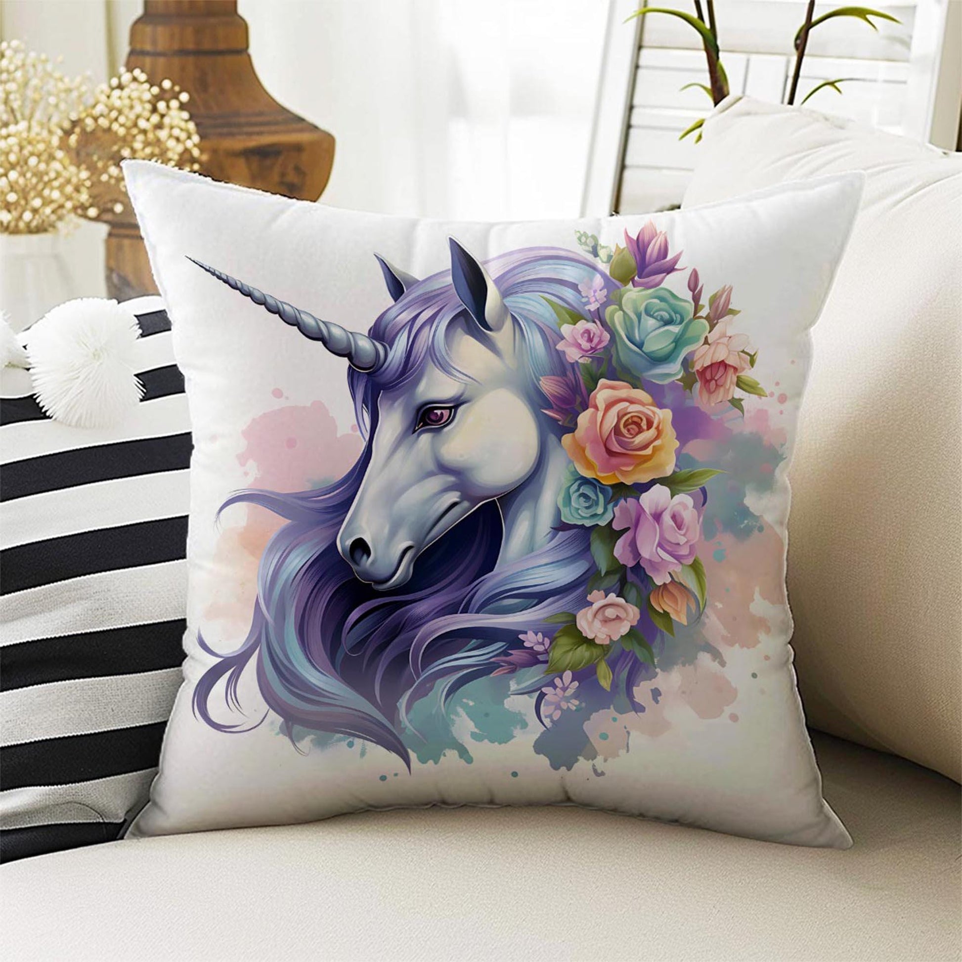 Roses Flowers Unicorn Horse Both Side Printed Pillow Cases, Cozy Cottagecore Accent Pillow, Unicorn Spun Pillow Cushion, Housewarming Gift
