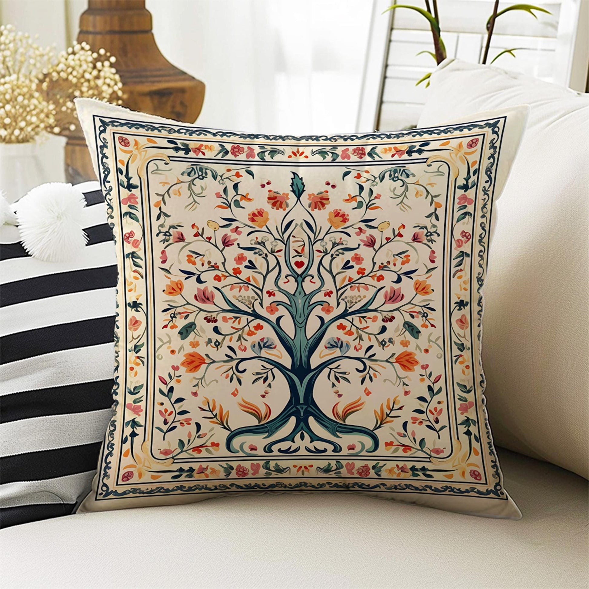 Tree Of Life Retro Both Side Printed Pillow Cases, Cozy Cottagecore Accent Pillow, Tree Floral Spun Pillow Cushion, Housewarming Gift
