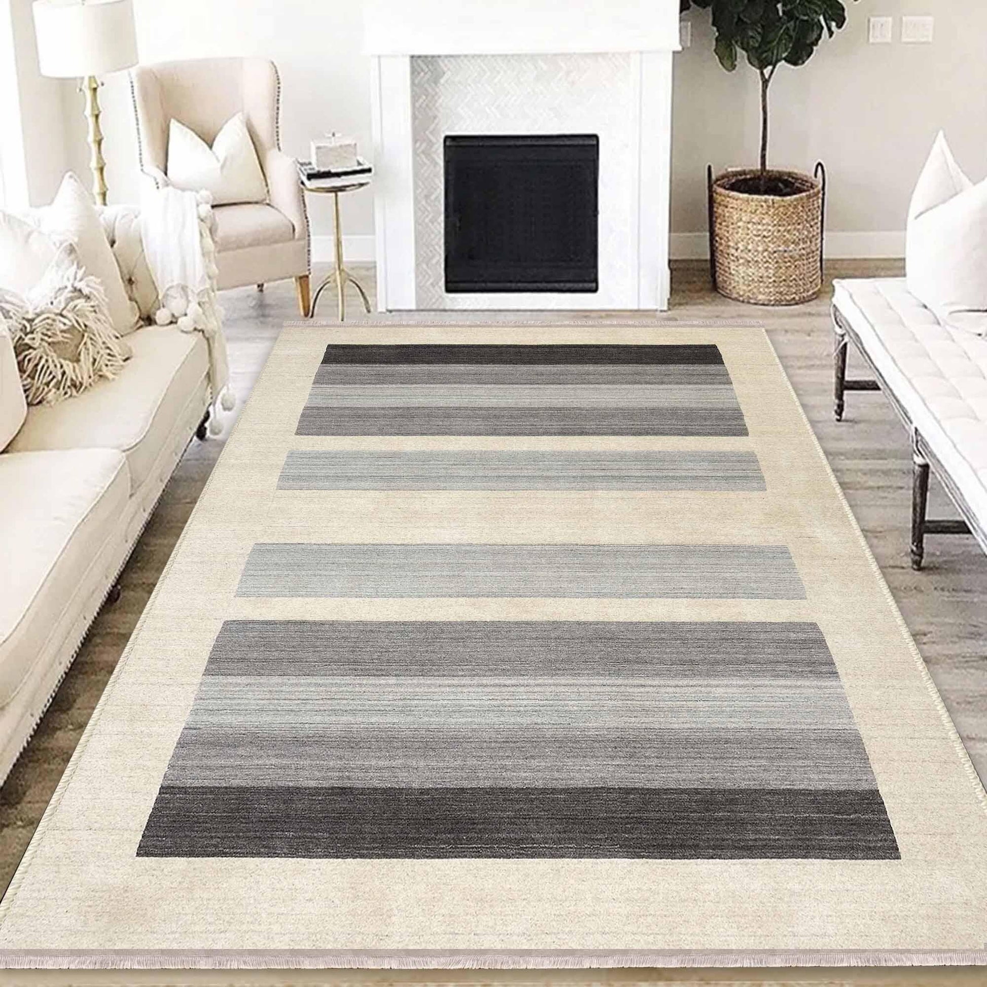 Cream Gray Lines Modern Design Area Rug Runner, Geometric Accent Carpet, Unique Room Mat, Washable Anti-Slip Rug with pillow case gift