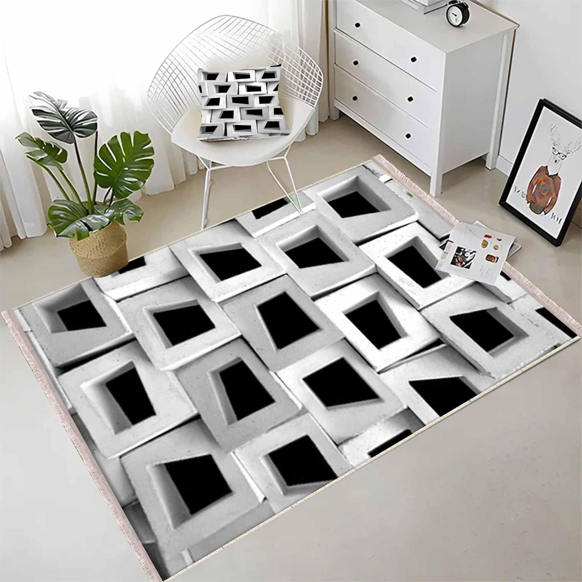 Black White Cubes Modern Design Area Rug Runner, Geometric Abstract Carpet, Unique Room Mat, Washable Anti-Slip Rug with pillow case gift
