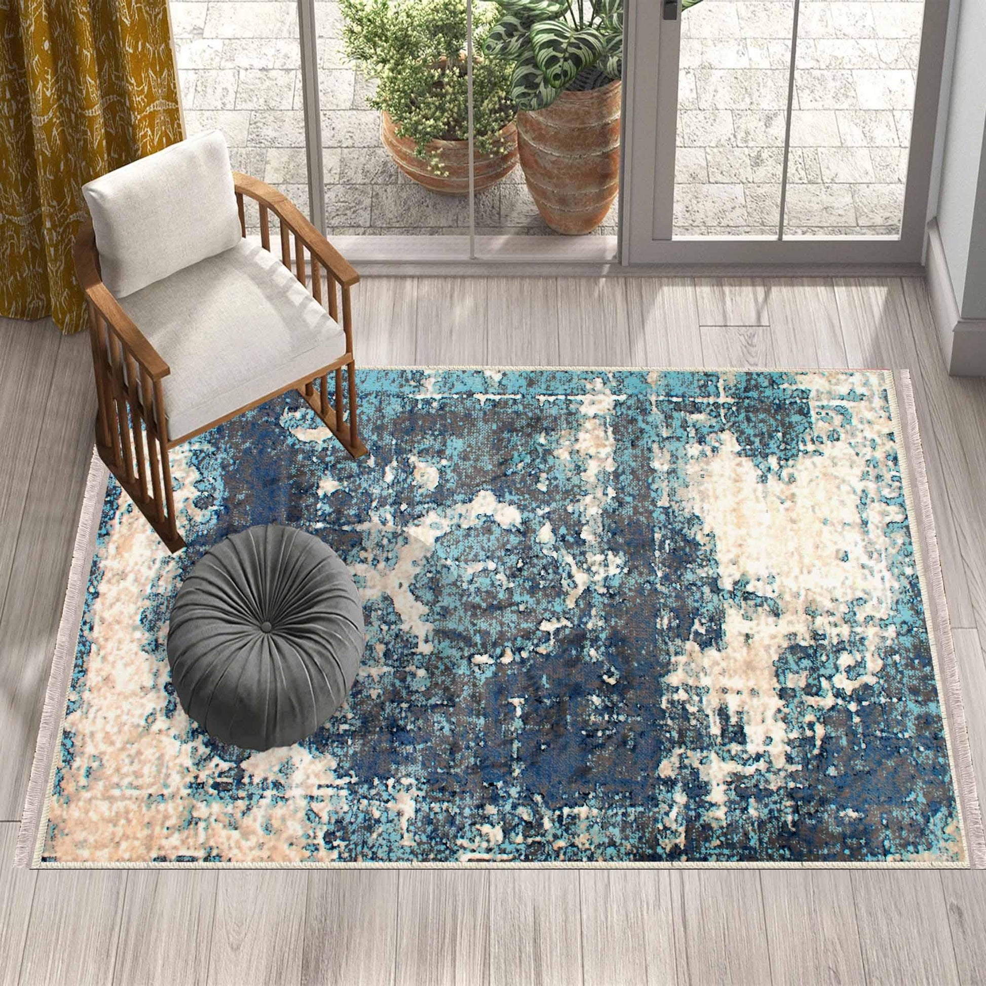 Green Blue Cream Modern Design Area Rug Runner, Geometric Accent Carpet, Unique Room Mat, Washable Anti-Slip Rug with pillow case gift