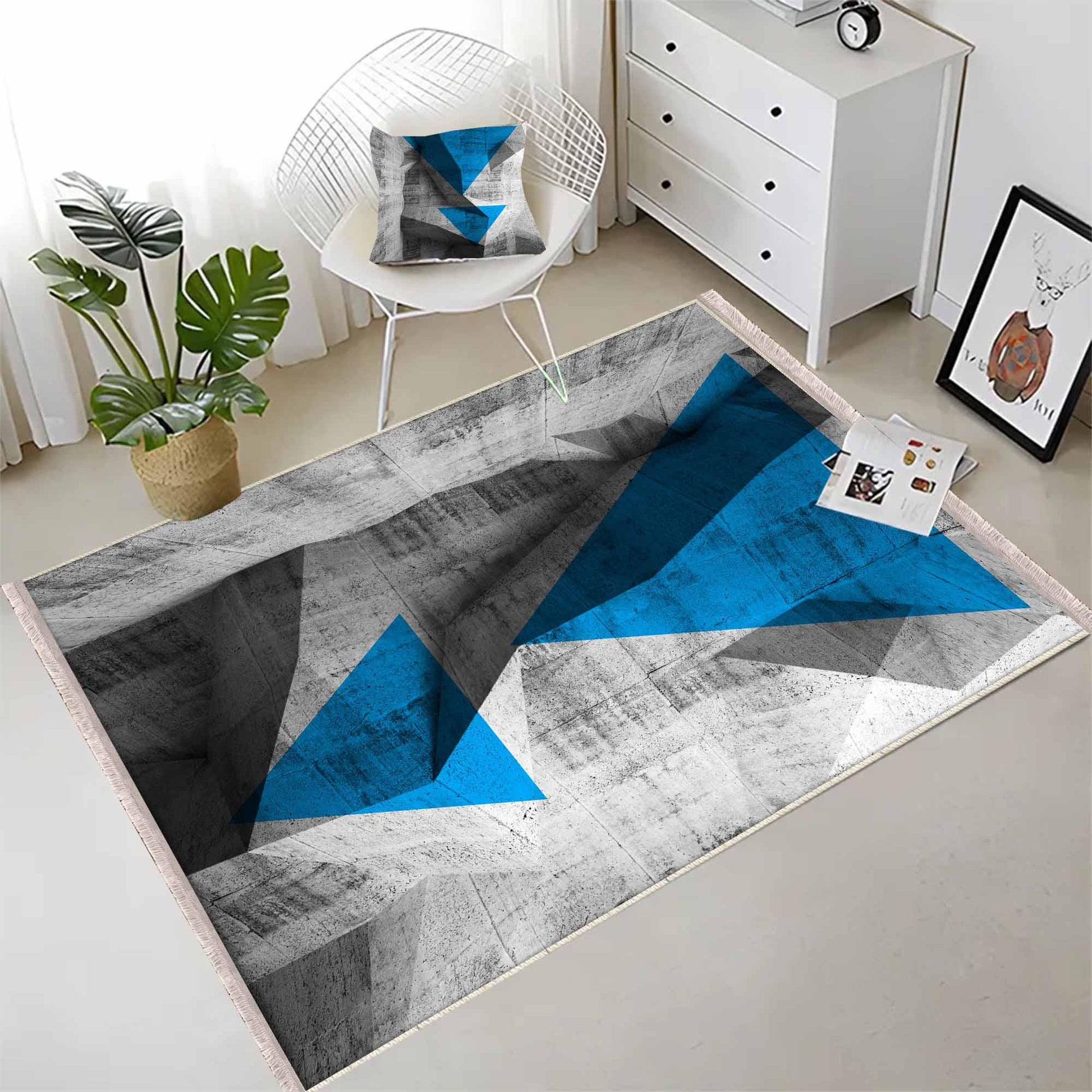 Blue Gray Arrow Modern Design Area Rug Runner, Geometric Abstract Carpet, Unique Room Mat, Washable Anti-Slip Rug with pillow case gift
