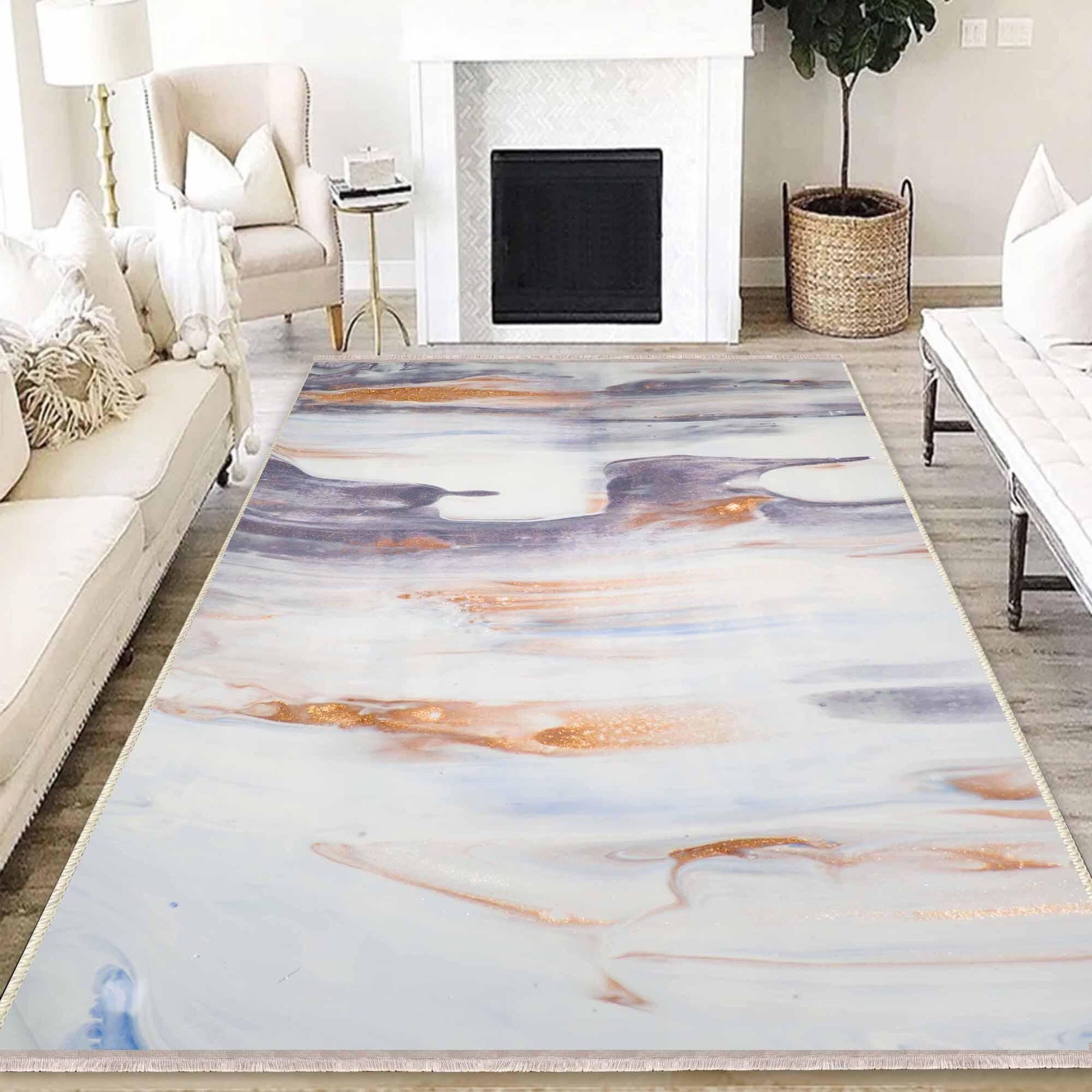 Orange Gray Marble Runner Rug, Modern Geometric Accent Carpet, Washable Anti-Slip Area Rug with Pillowcase Gift