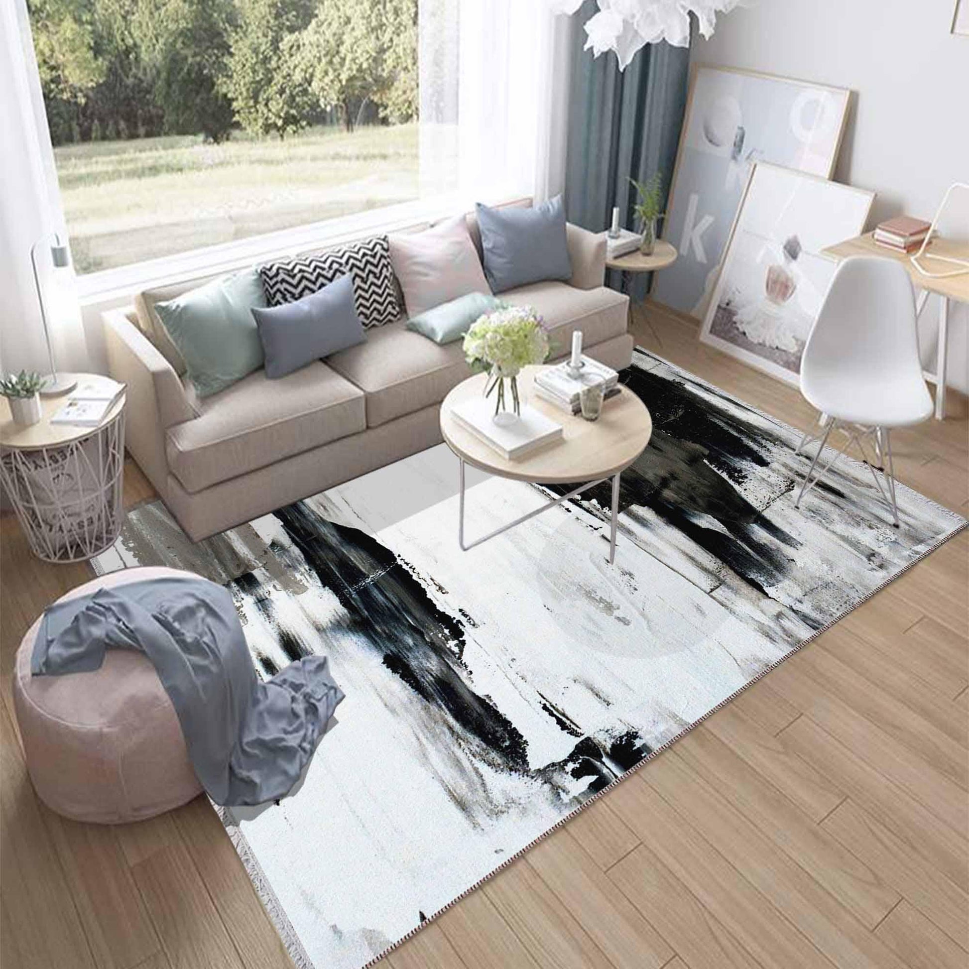 Black White Abstract Modern Design Area Rug Runner, Geometric Accent Carpet, Unique Room Mat, Washable Anti-Slip Rug with pillow case gift