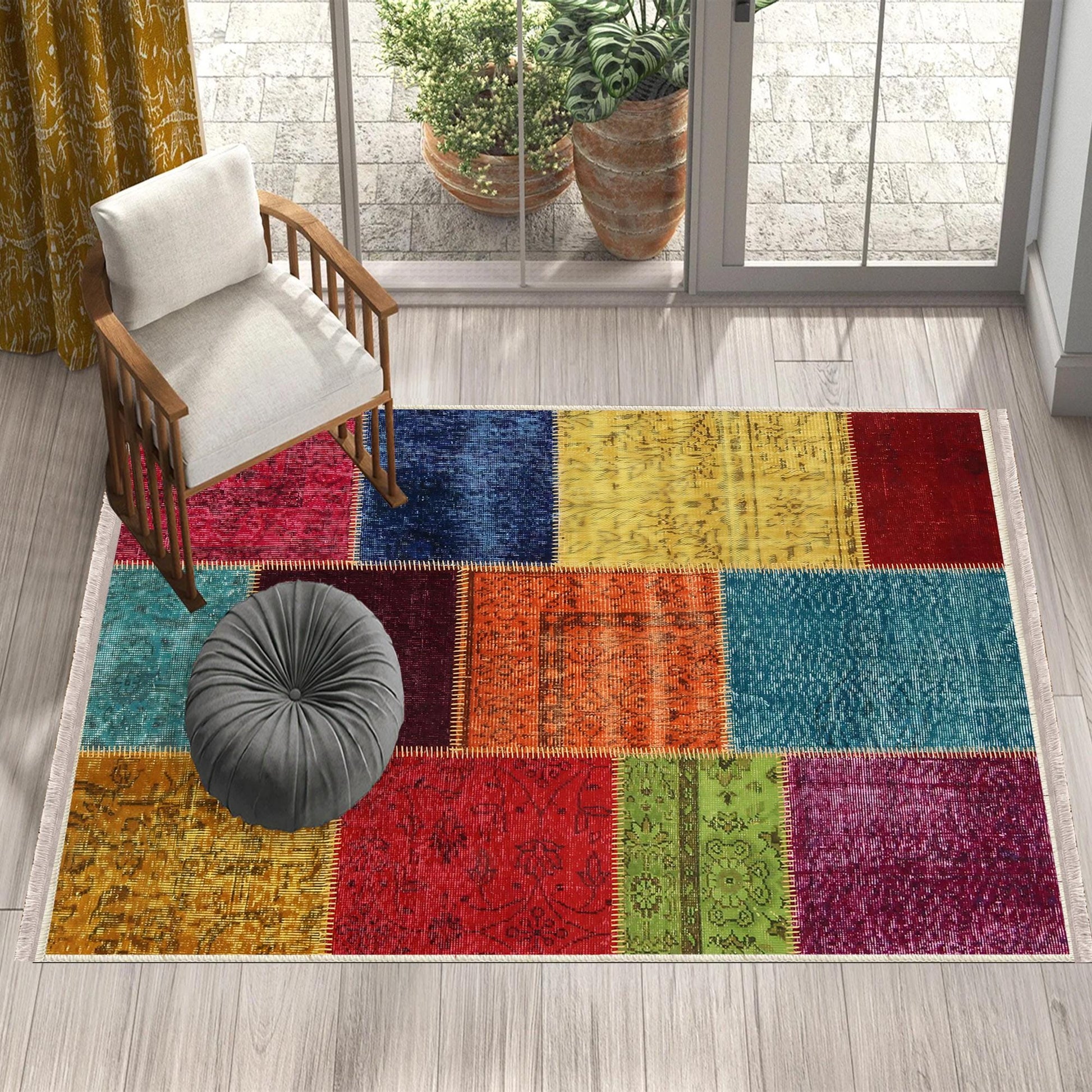 Colorful Patchwork Design Kilim Area Rug Runner, Boho Accent Carpet, Unique Room Mat, Washable Anti-Slip Rug with pillow case gift