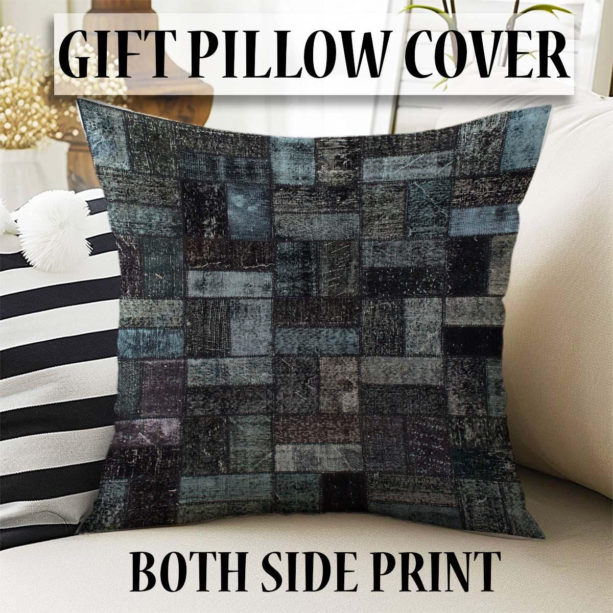 Dark Black Blue Patchwork Design Kilim Area Rug Runner, Boho Accent Carpet, Unique Room Mat, Washable Anti-Slip Rug with pillow case gift