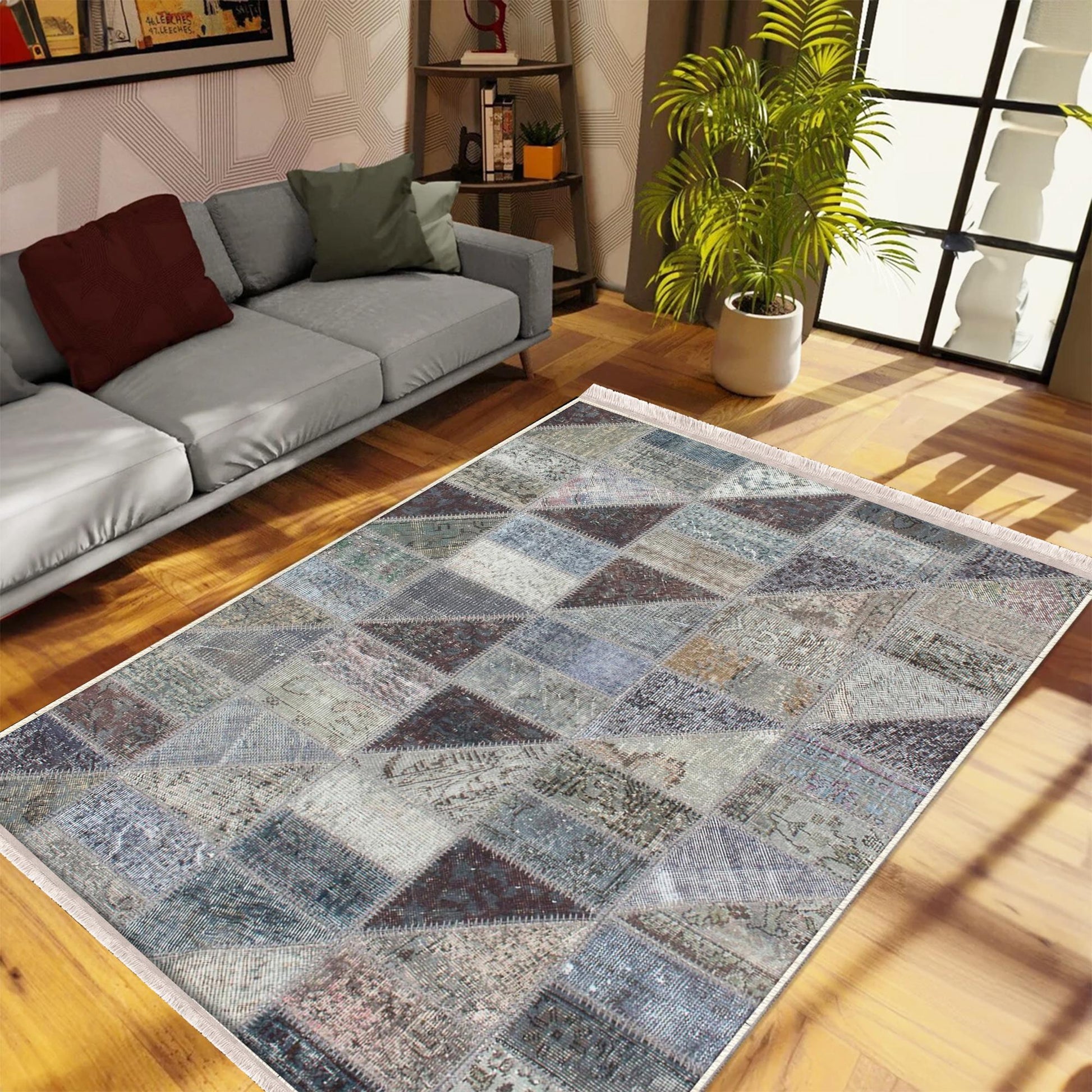 Gray Geometric Patchwork Design Kilim Area Rug Runner, Boho Accent Carpet, Unique Room Mat, Washable Anti-Slip Rug with pillow case gift