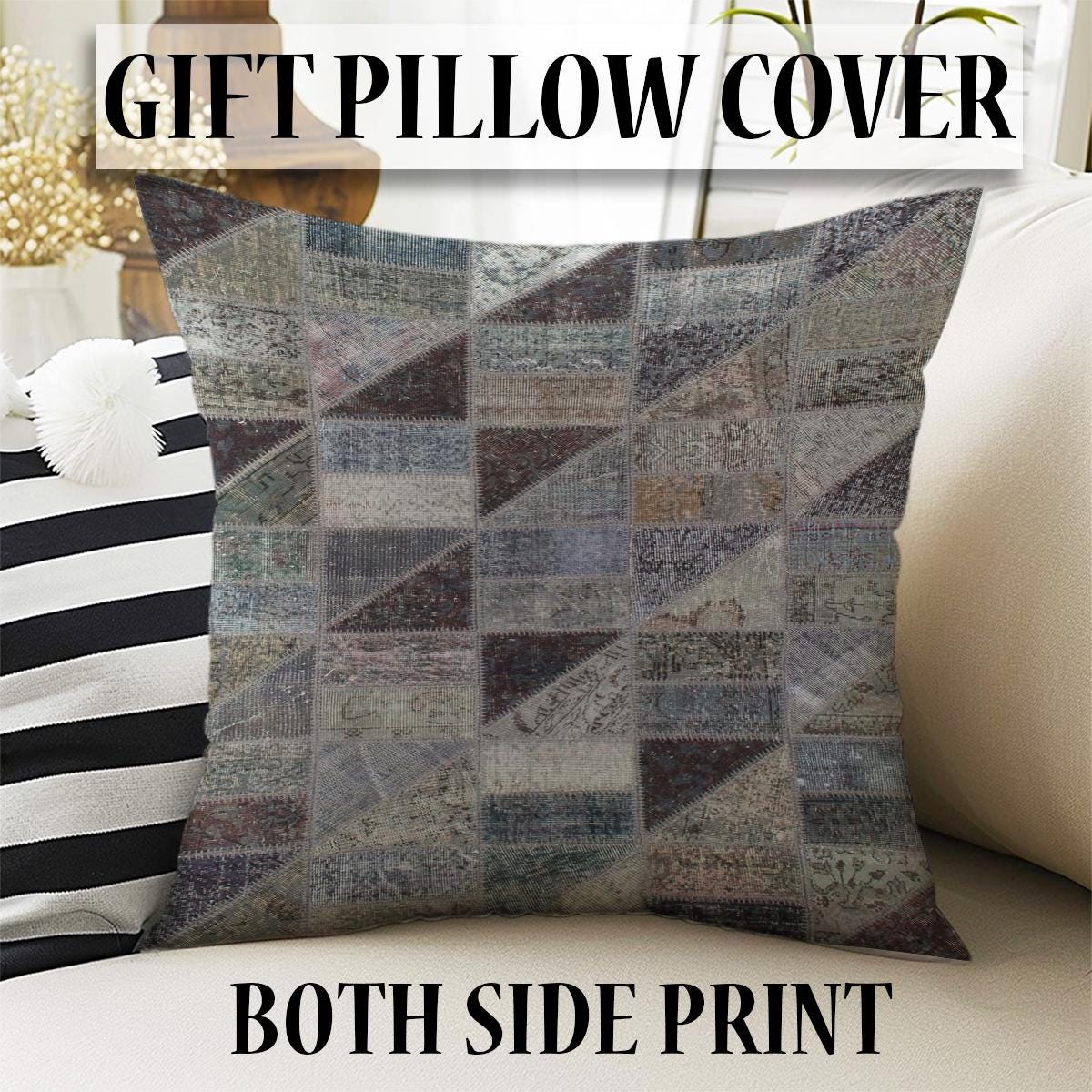 Gray Geometric Patchwork Design Kilim Area Rug Runner, Boho Accent Carpet, Unique Room Mat, Washable Anti-Slip Rug with pillow case gift