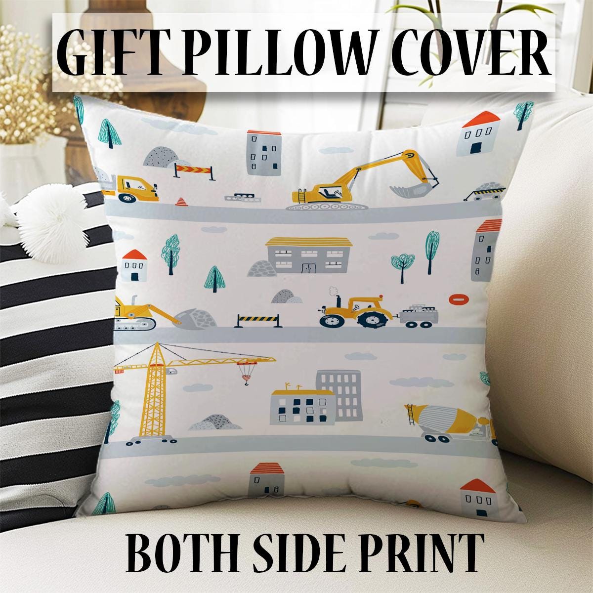 Road Construction Vehicles Kids Curtains with Pillowcase – Crane Bulldozer Excavator Nursery Rod Pocket Curtain for Boys Room, Custom Sizes