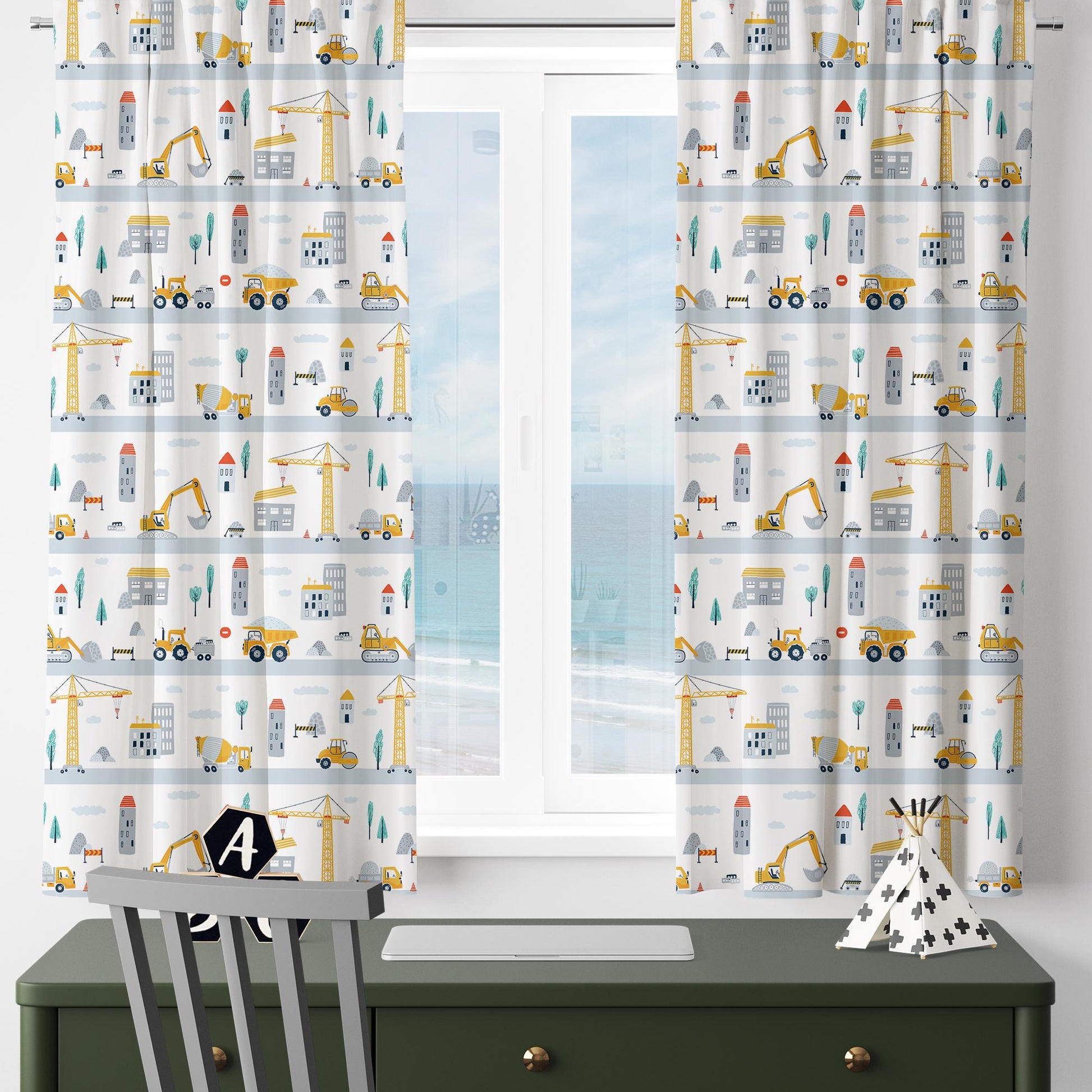 Road Construction Vehicles Kids Curtains with Pillowcase – Crane Bulldozer Excavator Nursery Rod Pocket Curtain for Boys Room, Custom Sizes