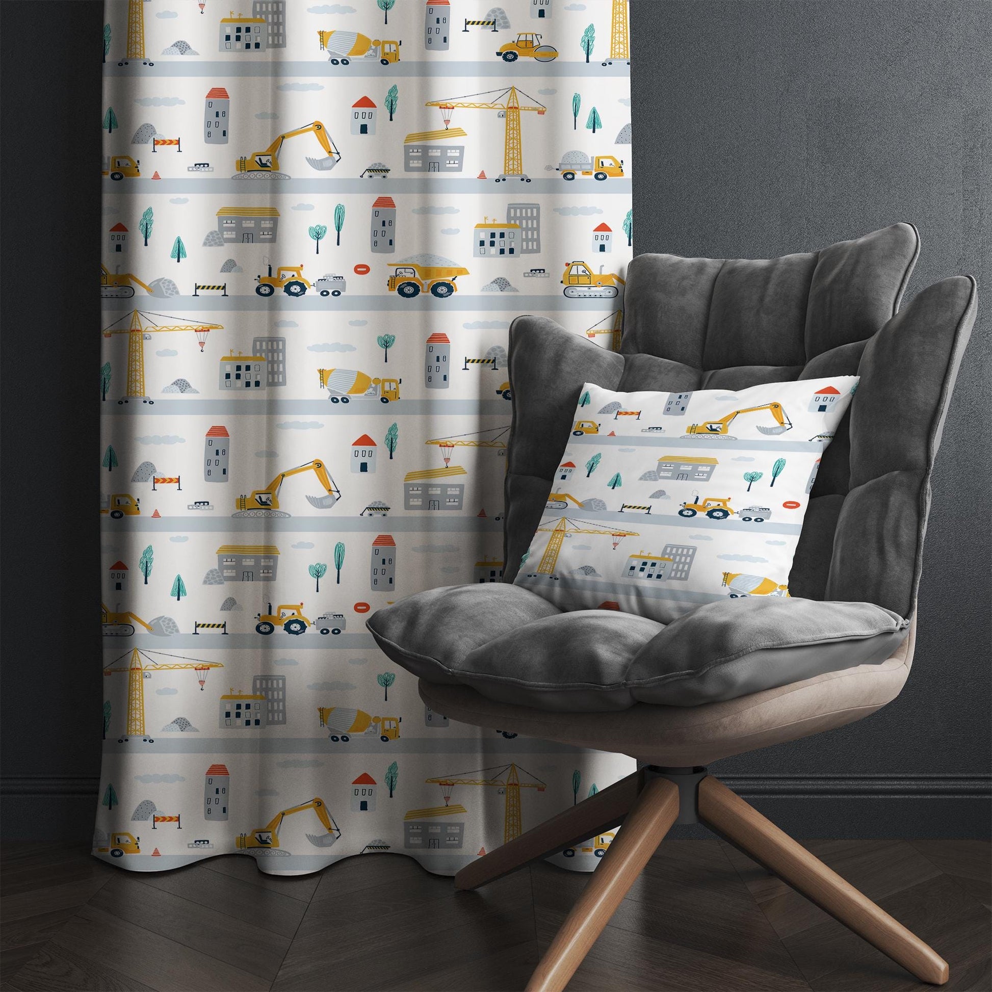 Road Construction Vehicles Kids Curtains with Pillowcase – Crane Bulldozer Excavator Nursery Rod Pocket Curtain for Boys Room, Custom Sizes
