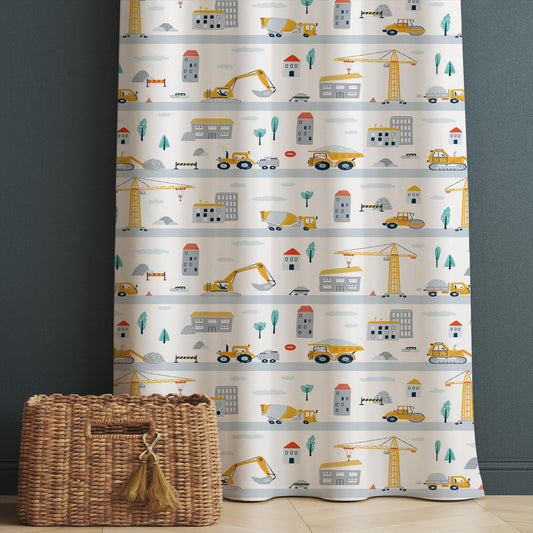 Road Construction Vehicles Kids Curtains with Pillowcase – Crane Bulldozer Excavator Nursery Rod Pocket Curtain for Boys Room, Custom Sizes