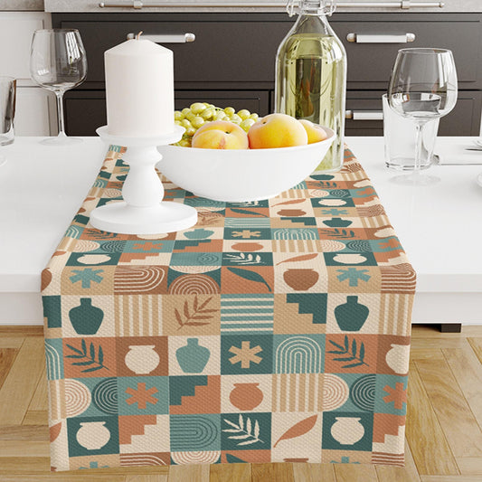 Table Runner Brown Green Bohemian Minimalist Pattern, Retro Farmhouse Decor, Traditional Textile Accent for Dining & Home