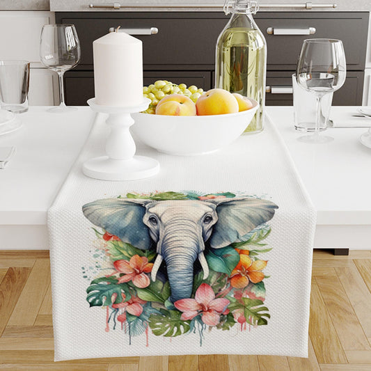 Table Runner Elephant Floral Flowers Pattern, Retro Farmhouse Decor, Traditional Textile Accent for Dining & Home