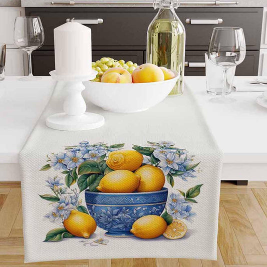 Table Runner Yellow Lemons Blue Vase Floral Pattern, Retro Farmhouse Decor, Traditional Textile Accent for Dining & Home