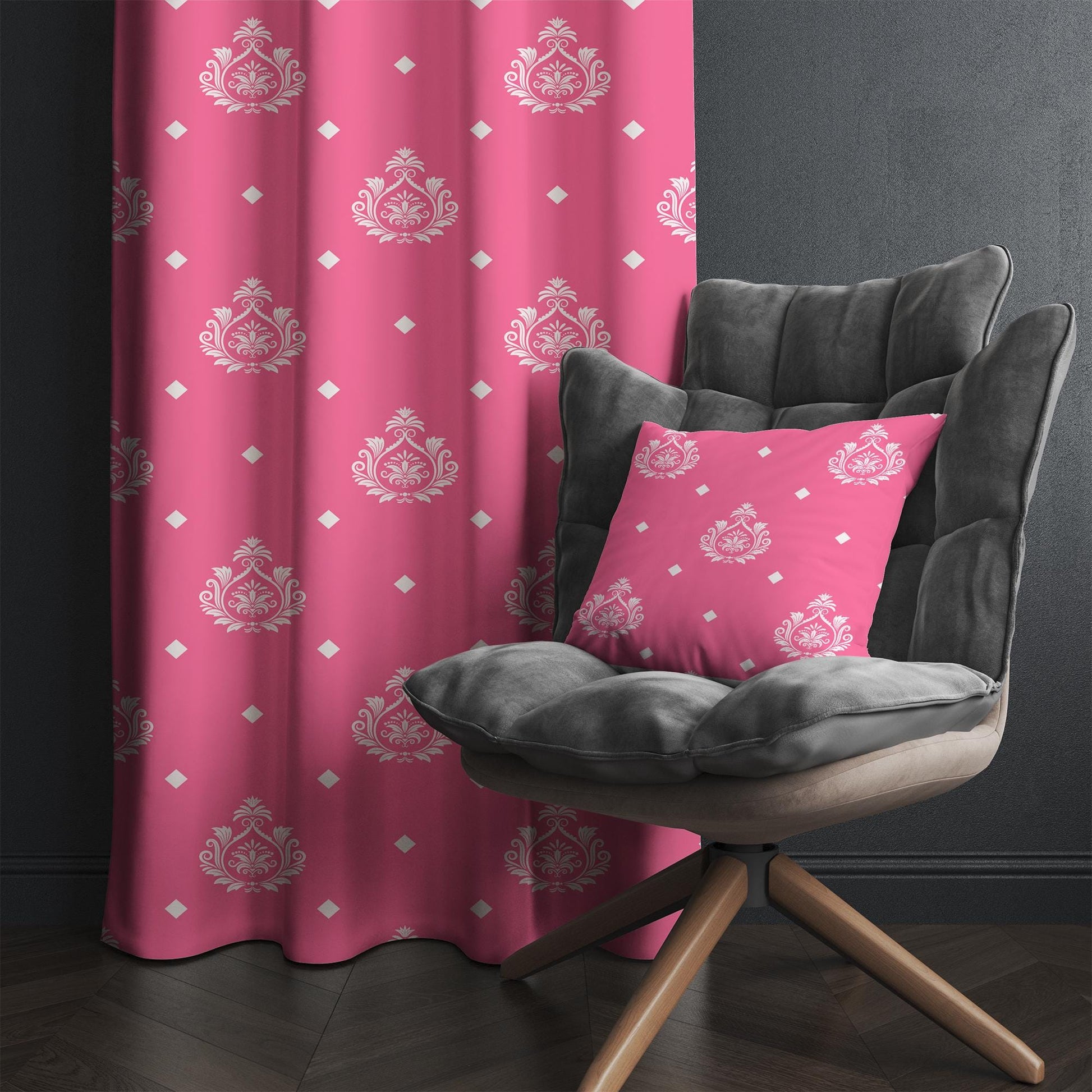 Pink White Damask Curtains Custom Size Decorative Figure Girls Room Window Drapes & Pillow Case Gift