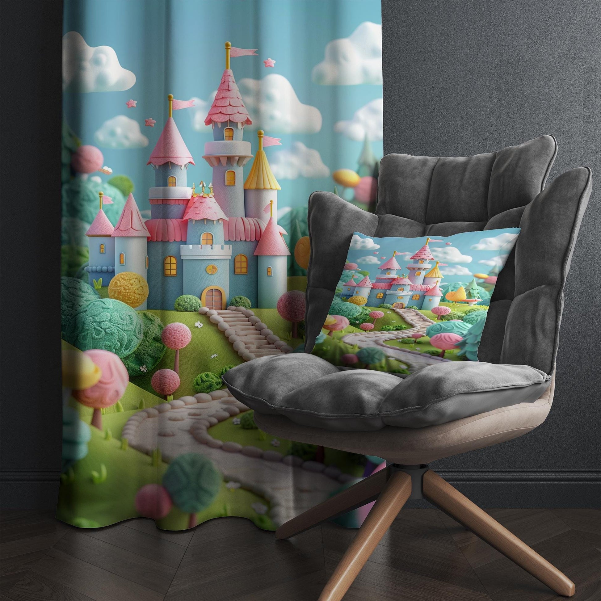 Colorful Medieval Castle Curtains for Girls Bedroom, Custom Size Window Drapes, Nursery Decor & Gift Pillow Case