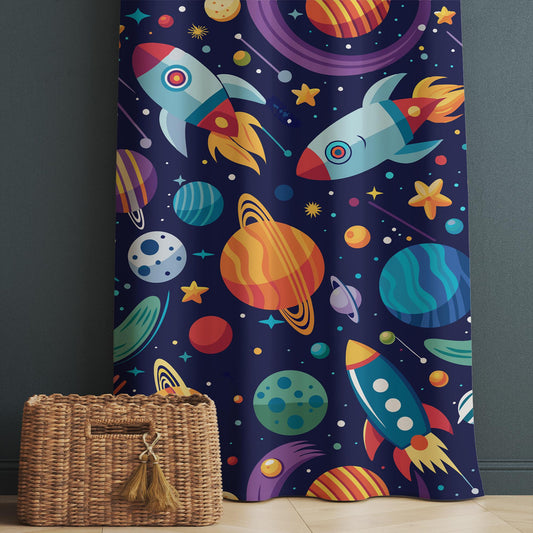 Space Galaxy Curtains for Kids Room, Custom Size Rocket & Stars Window Drapes, Room Decor with Matching Gift Pillow Case